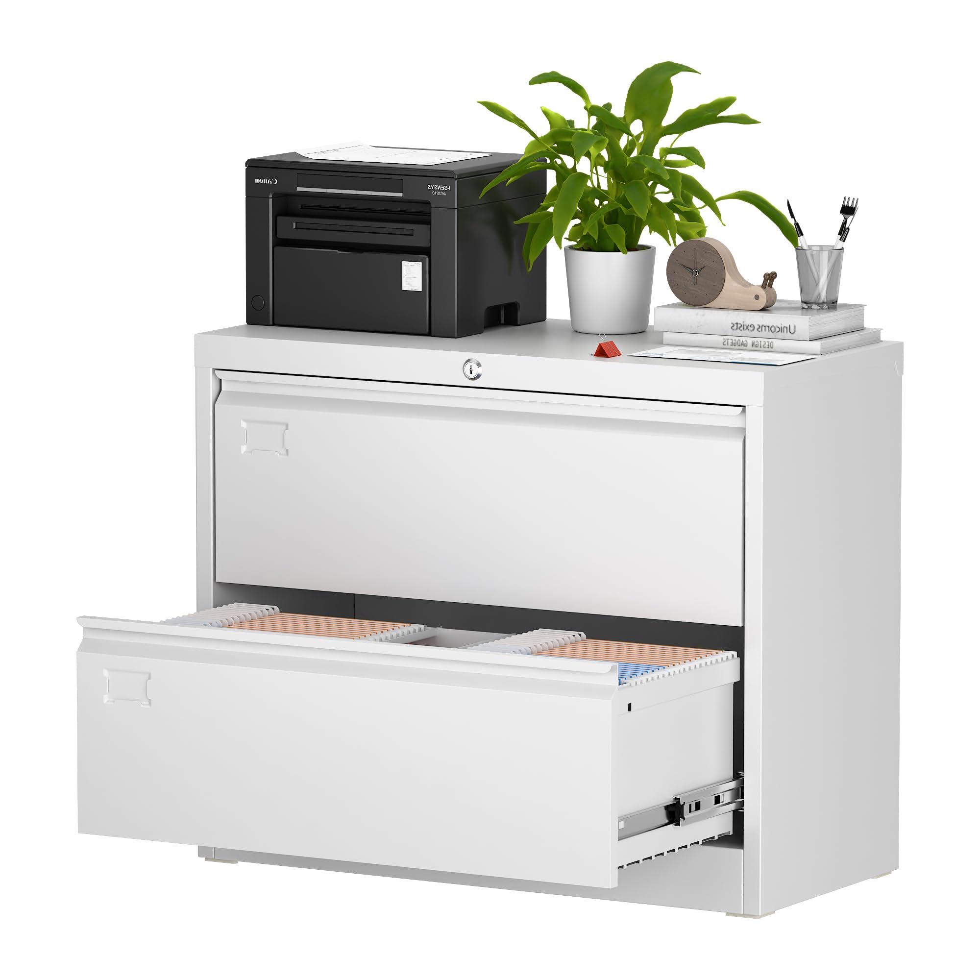 Aobabo 2-Drawer Wide Lateral File Cabinet - Lockable Metal Filing Cabinet with Name Card Slot - Letter/Legal/F4/A4 Size - White - Home Office School Organization - Easy Assembly Required - Perfect for Document Storage & Workspace Organization