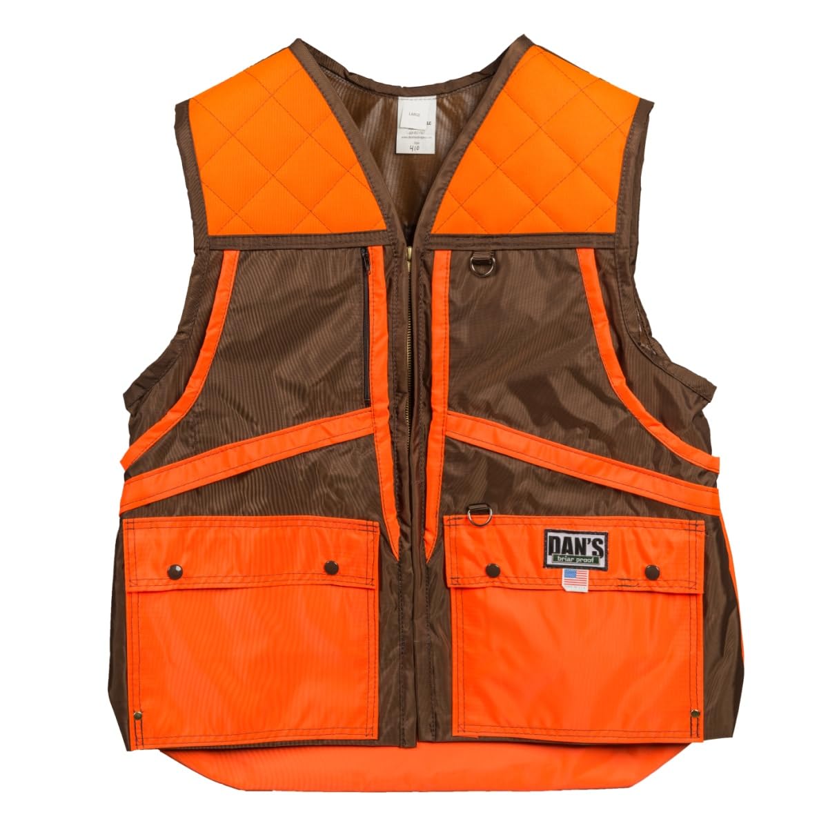 DAN'S Hunting Gear Briarproof Frontloading Game Vest – Thorn-Resistant Small Game Hunting Vest, Made in USA, Brown & Brown/Orange (Sizes S-5XL) – Ideal for Rabbit, Squirrel, and Upland Bird Hunting