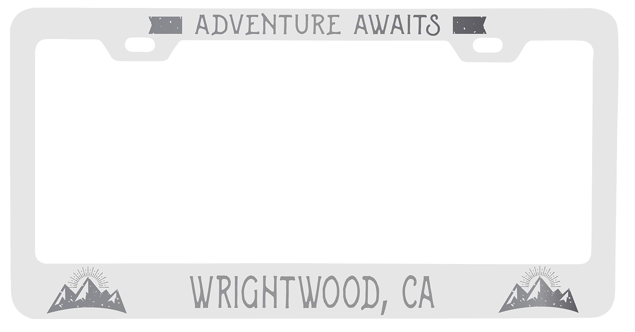 Wrightwood California Laser Engraved Metal License Plate Frame - 'Adventures Await' Design - Durable Car Accessory for Road Trips & Outdoor Enthusiasts