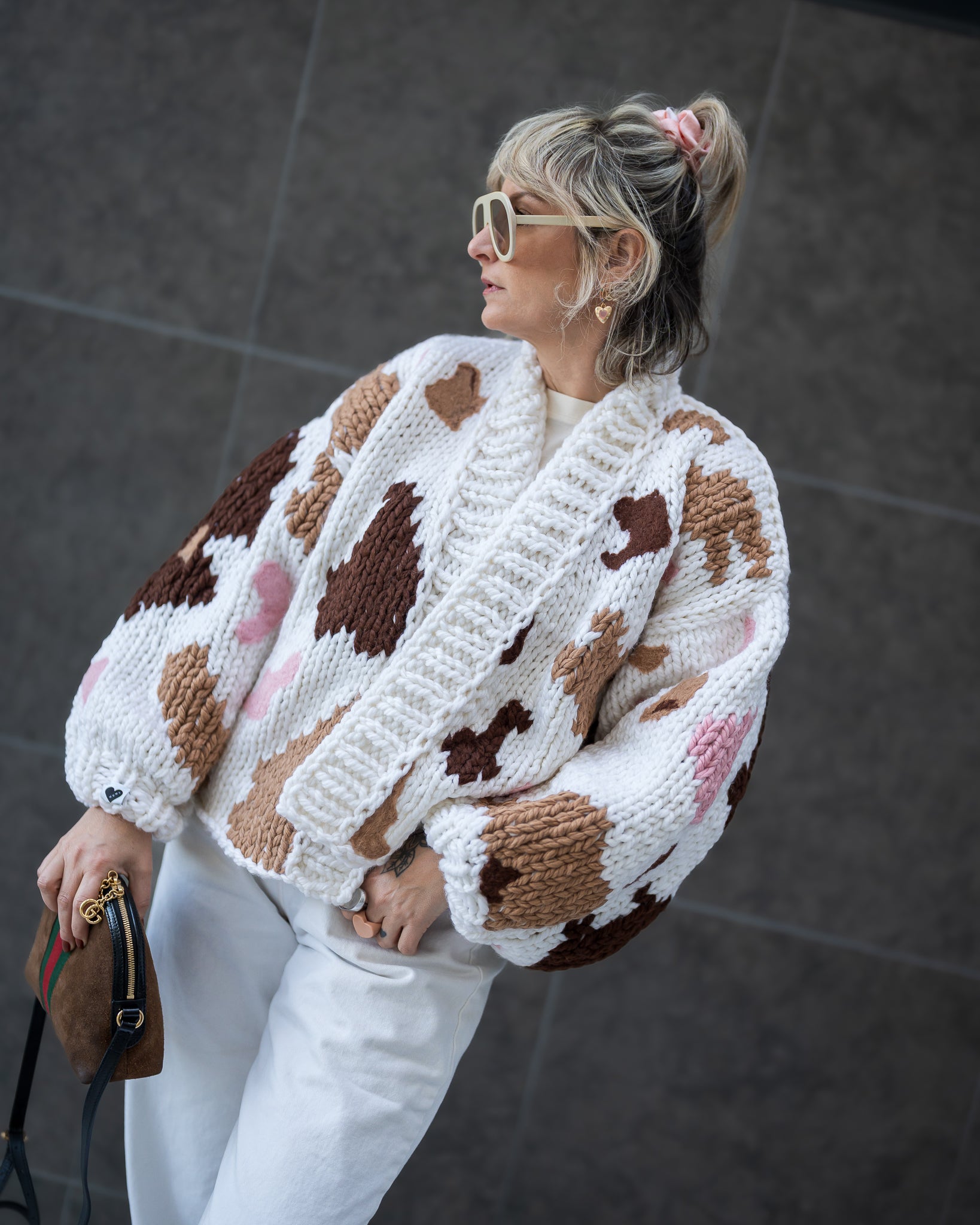 Women's Chunky Knit Cow Print Cardigan Sweater - Cozy Oversized Winter Pullover for Casual Outfits & Lounge Wear