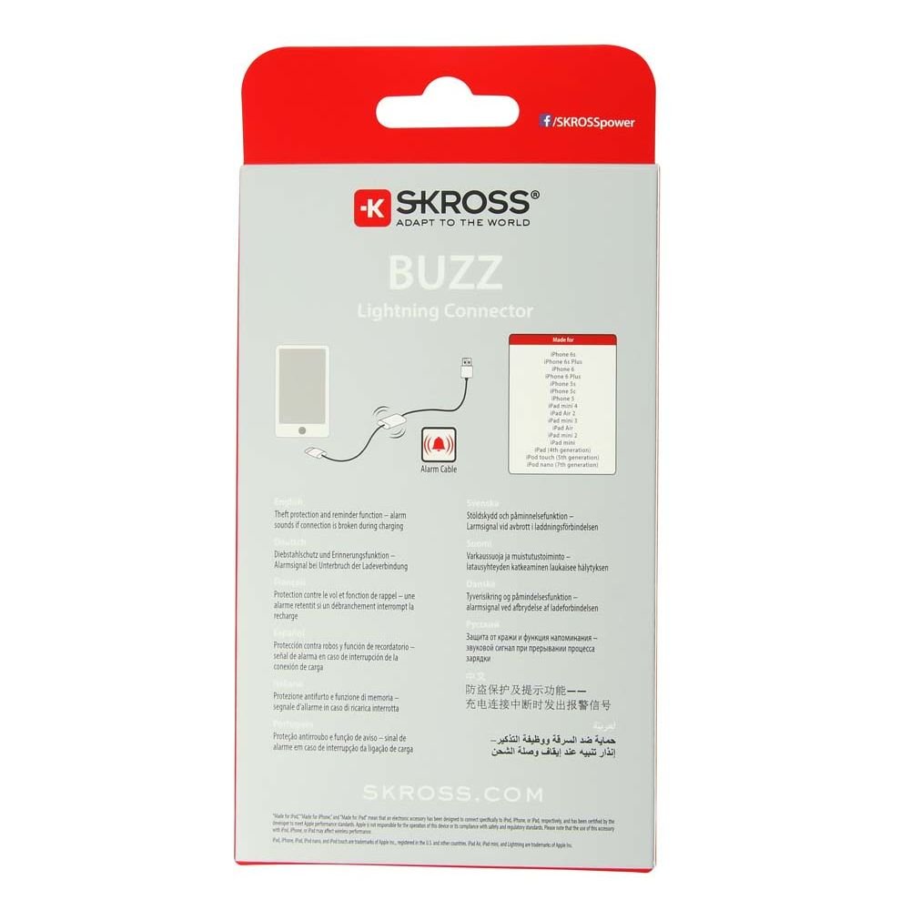 Skross Buzz Lightning Connector Charge and Sync Alarm Cable - Compatible with iPhone, iPad & All Lightning Devices | Fast Charging & Data Sync | Perfect for Home, Office & Travel [SKR2700211]