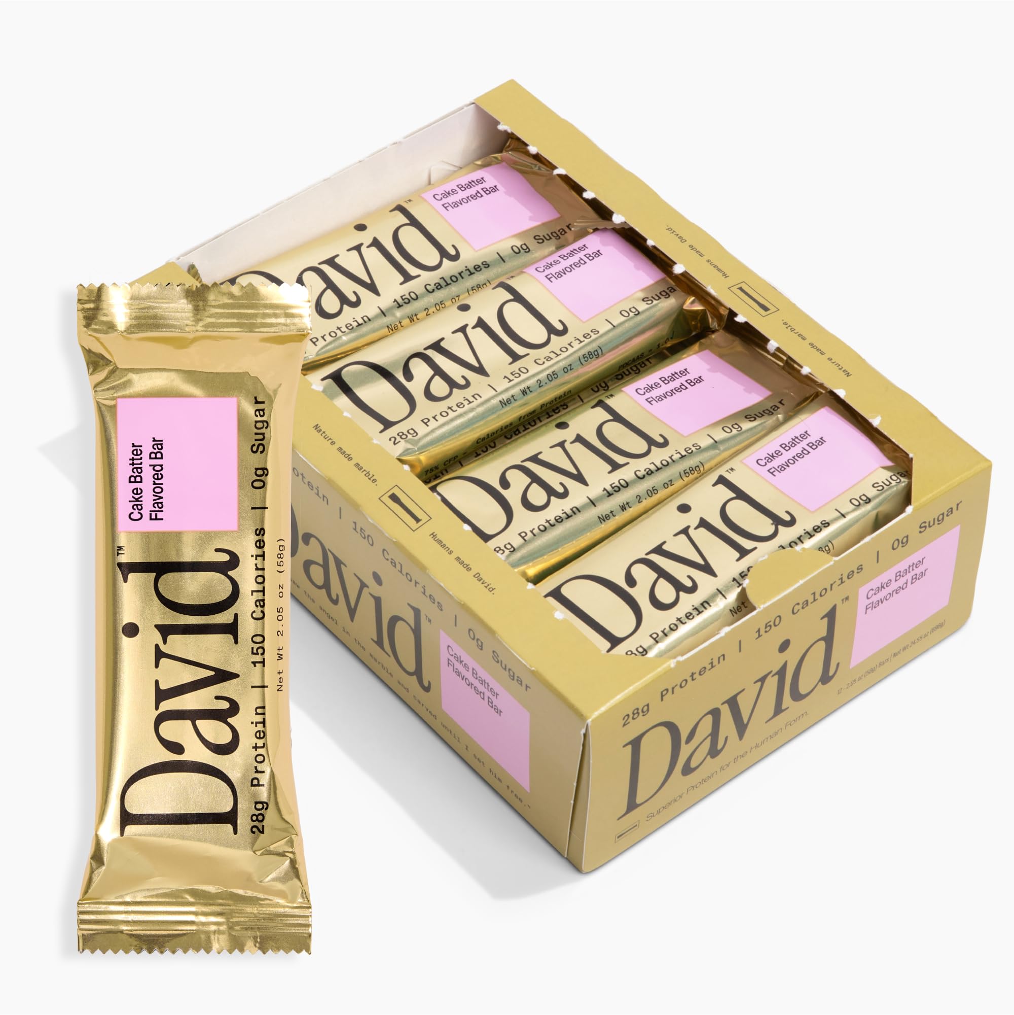 David Protein Bar - Cake Batter Flavor, Pack of 12 | 28g High Protein, 150 Calories, 0g Sugar | Low Carb, Gluten Free Snack for Bodybuilding, Weight Loss & Keto Diet | Perfect for Gym Workouts, Post-Exercise Recovery & Healthy On-the-Go Nutrition