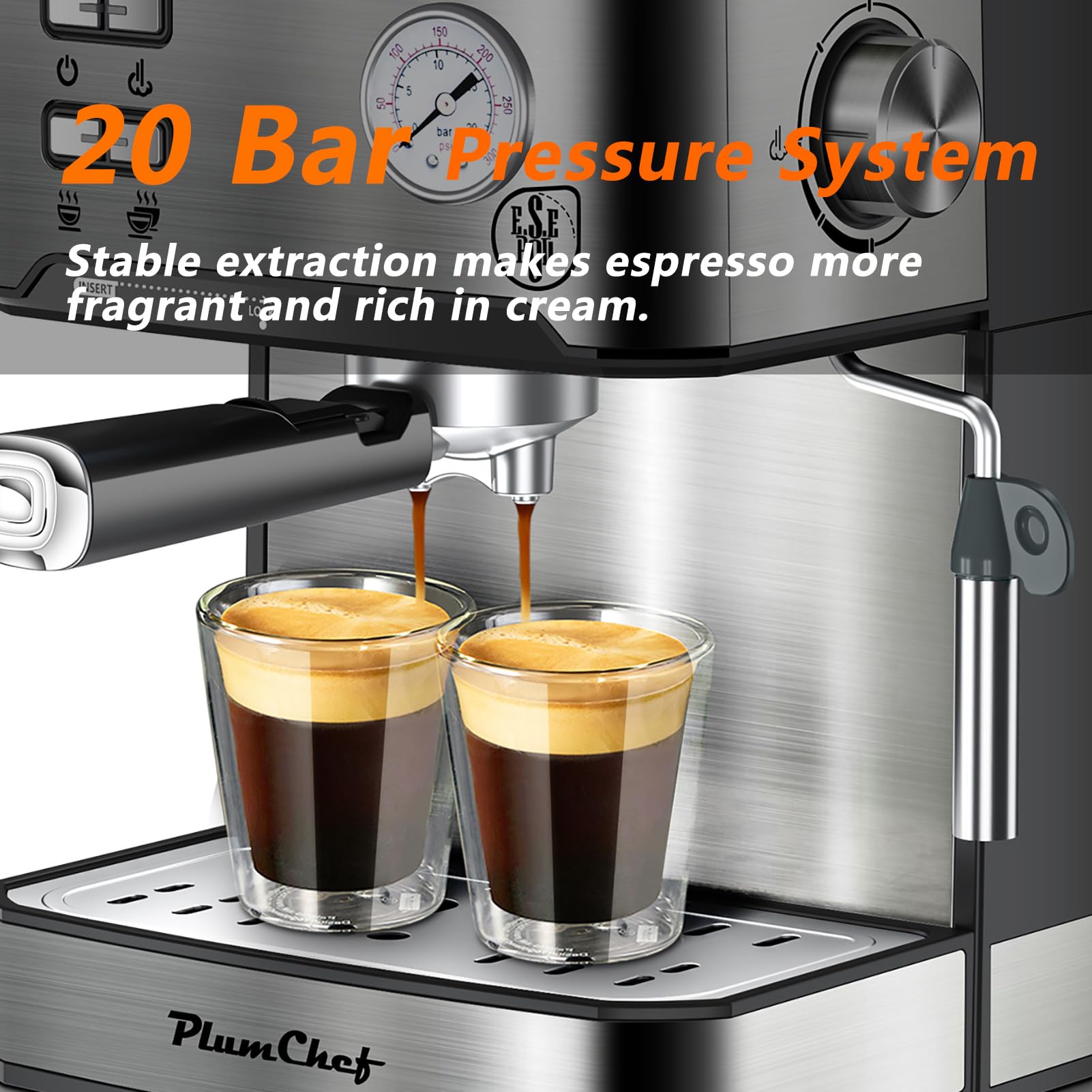 PlumChef Espresso Machine for Home Use - 15 Bar Pressure Coffee Maker with Milk Frother, Steam Wand & 54oz Water Tank - Quiet & Fast Brewing for Cappuccino, Latte - Perfect for Kitchen, Office & Small Spaces