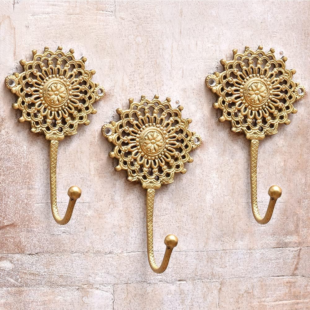 3 Pack Gold Boho Brass Wall Hooks - Decorative Vintage Coat Hooks for Hanging Coats & Hats - Shabby Chic Wall Mount Rack for Entryway, Bedroom & Bathroom Organization