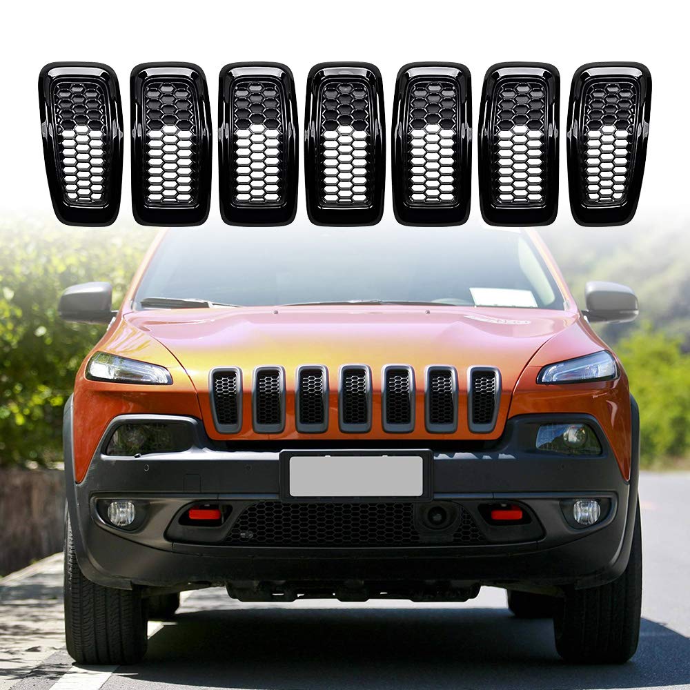**Astra Depot 7-Piece Black Honeycomb Mesh Front Grill Grille Inserts Cover for 2014-2018 Jeep Cherokee with Retro Gray Trim – Upgrade Your Off-Road Style**    *(Use Case: Perfect for Jeep Cherokee owners looking to enhance their vehicle's front grille with a sleek, durable, and stylish upgrade for off-road adventures or urban driving.)*