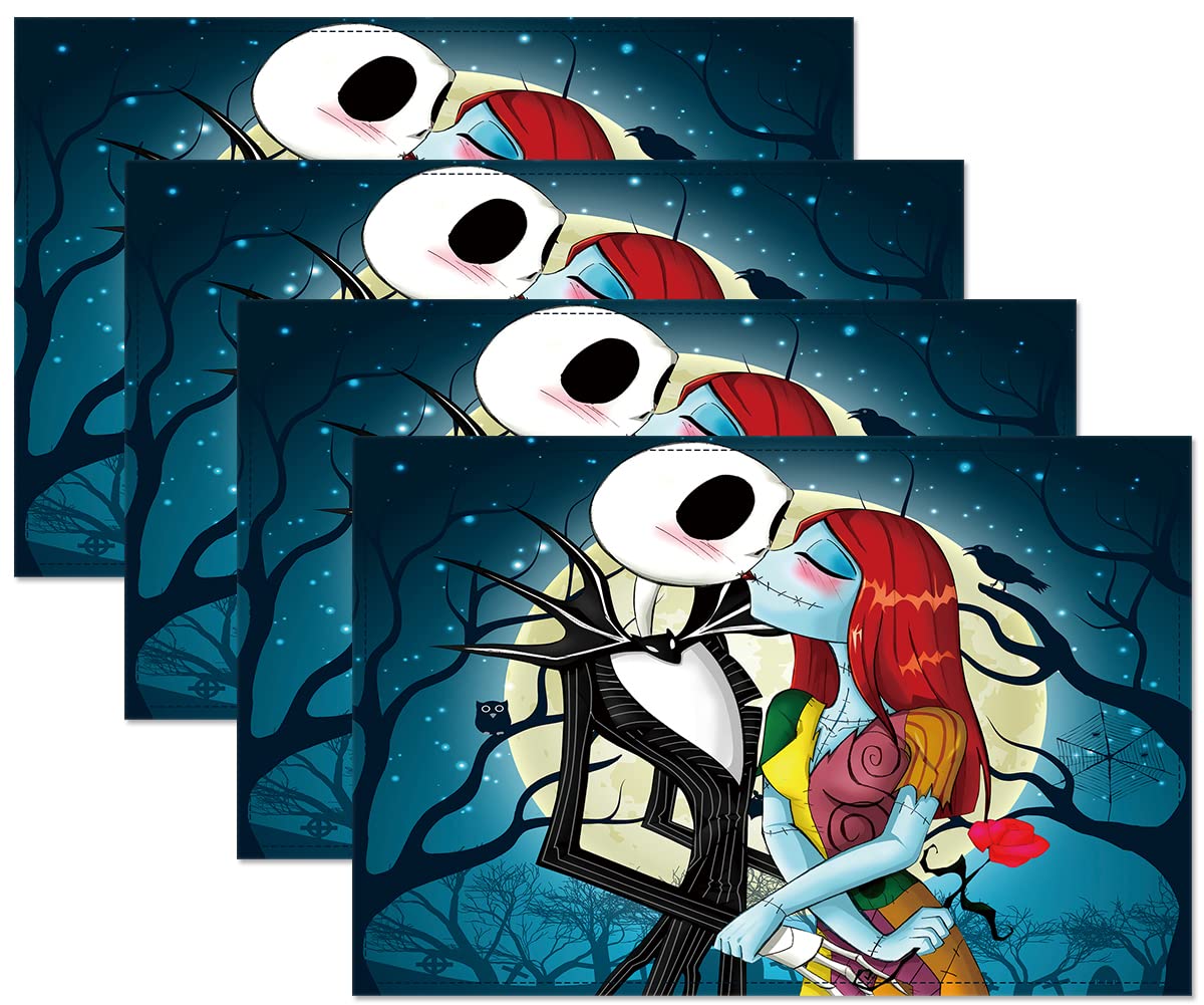 4Pcs Christmas Placemats Set - Skellington Jack and Sally Themed, Heat Resistant & Washable Table Mats for Kitchen Dining - Perfect for Holiday Decorations, Dinner Parties & Nightmare Before Christmas Fans
