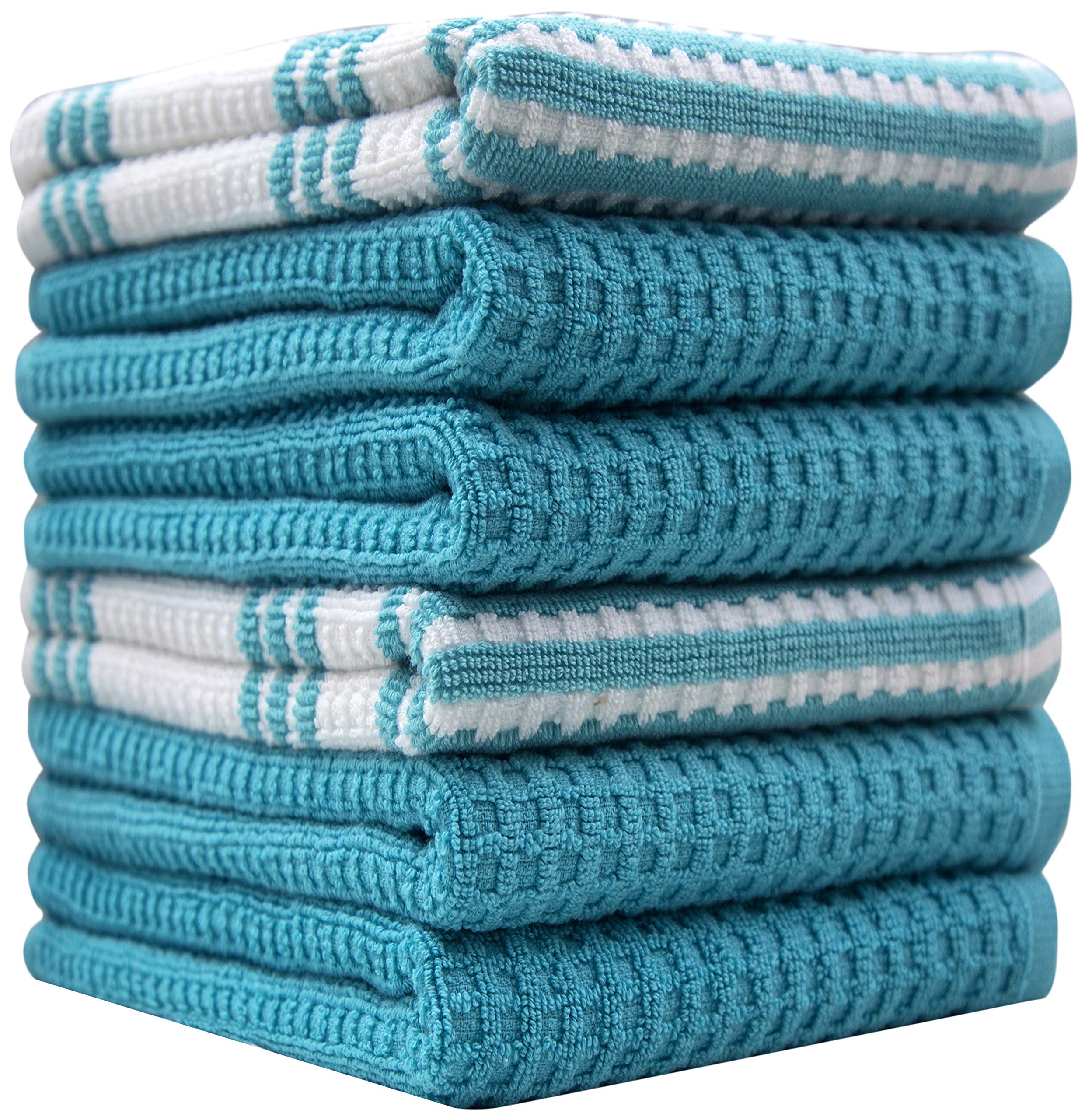 Premium 6-Pack Large Absorbent Kitchen Towels Set | 380 GSM Waffle Weave Cotton Dish & Tea Towels for Drying Dishes | Striped Yarn-Dyed Hanging Towels in Aqua | Perfect for Kitchen, Dining & Hosting Gifts