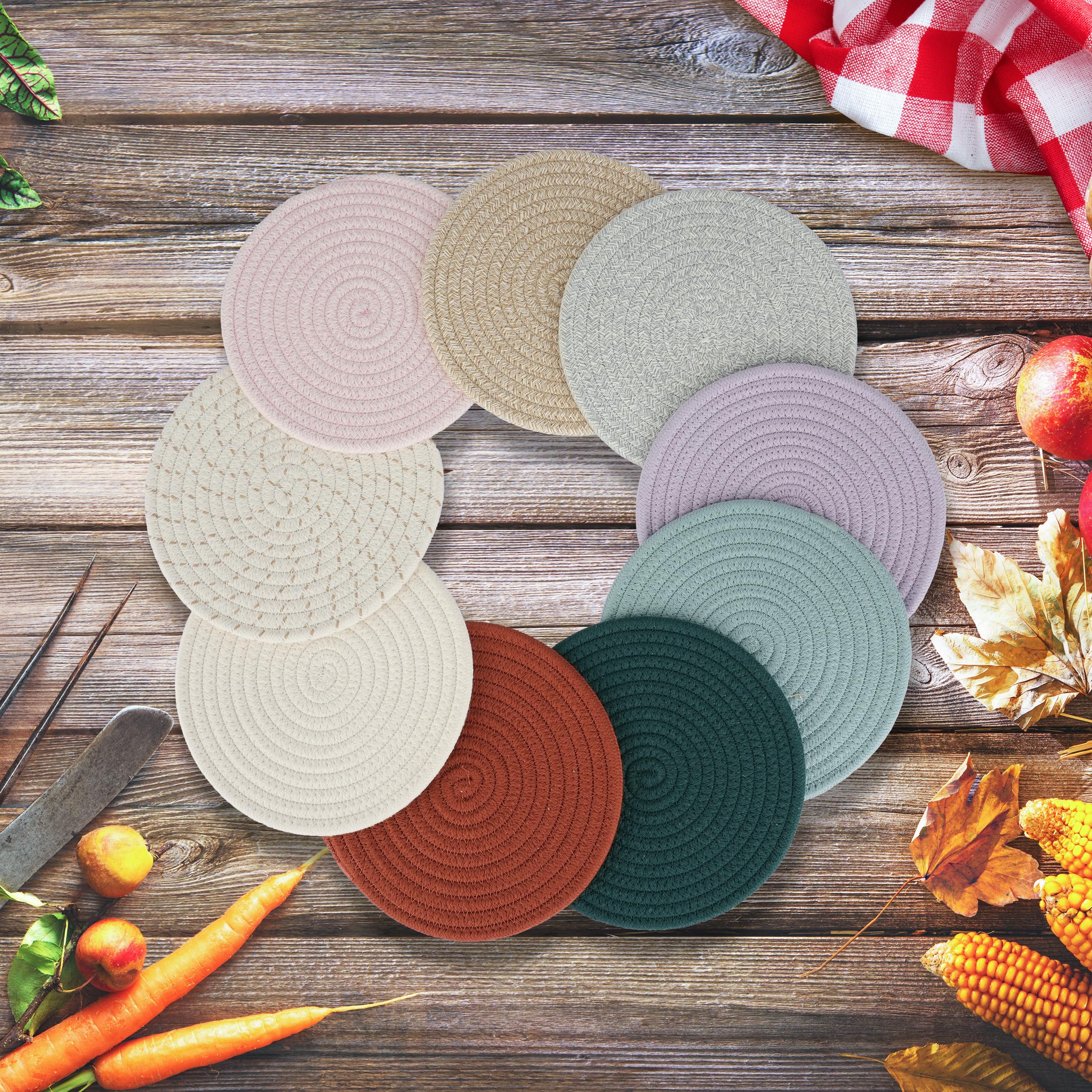 8-Piece Cotton Trivet Set - 8 Inch Heat Resistant Pot Holders & Coasters for Kitchen Countertops - Hot Pads for Dishes, Pots, Pans, Teapots & Bowls - Rustic Style for Dining & Entertaining
