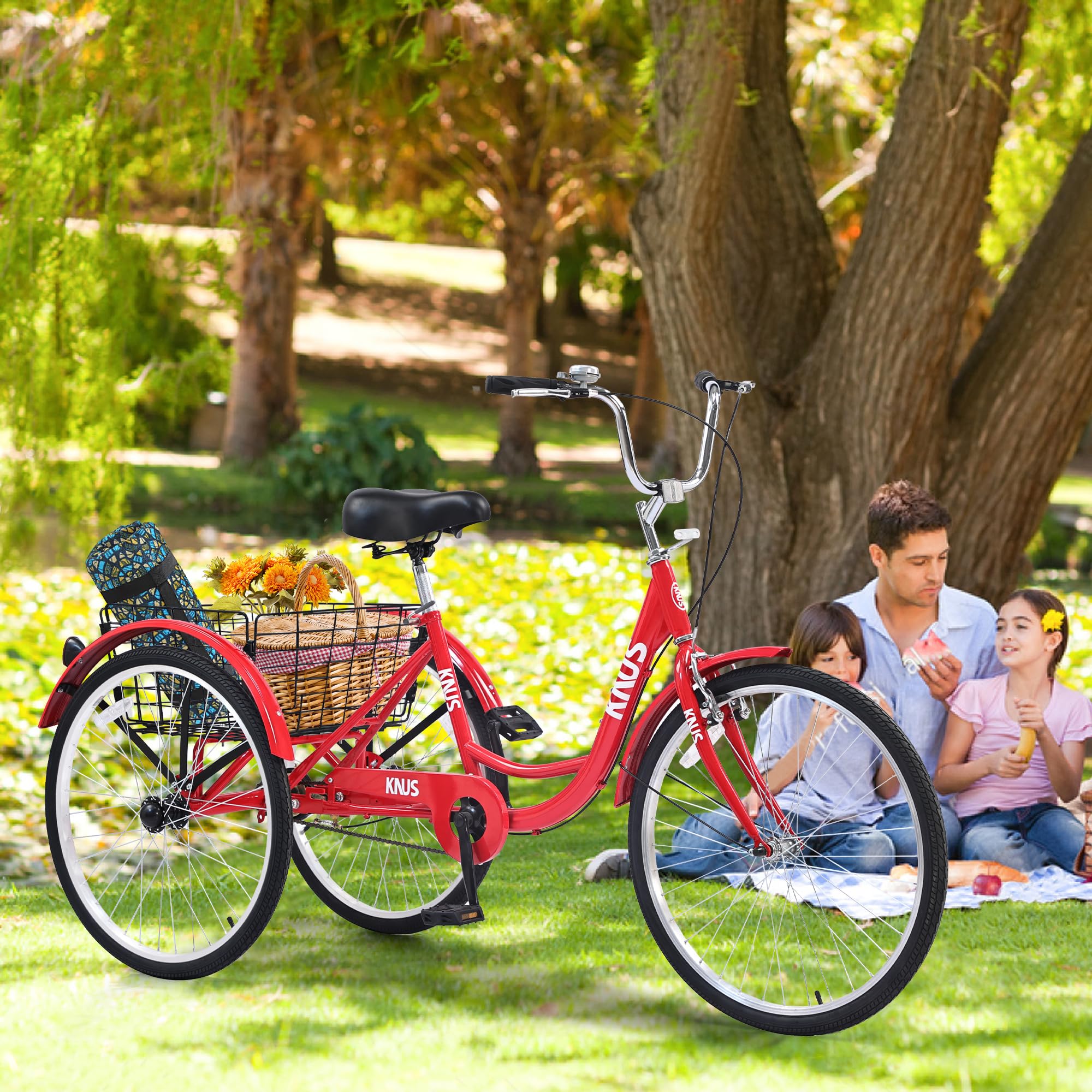 KNUS Adult Single Speed Cargo Tricycle - 24 Inch 3 Wheel Beach Cruiser Bike with Large Shopping Basket for Seniors, Women & Men - Perfect for Grocery Shopping, Pet Transportation & Beach Rides