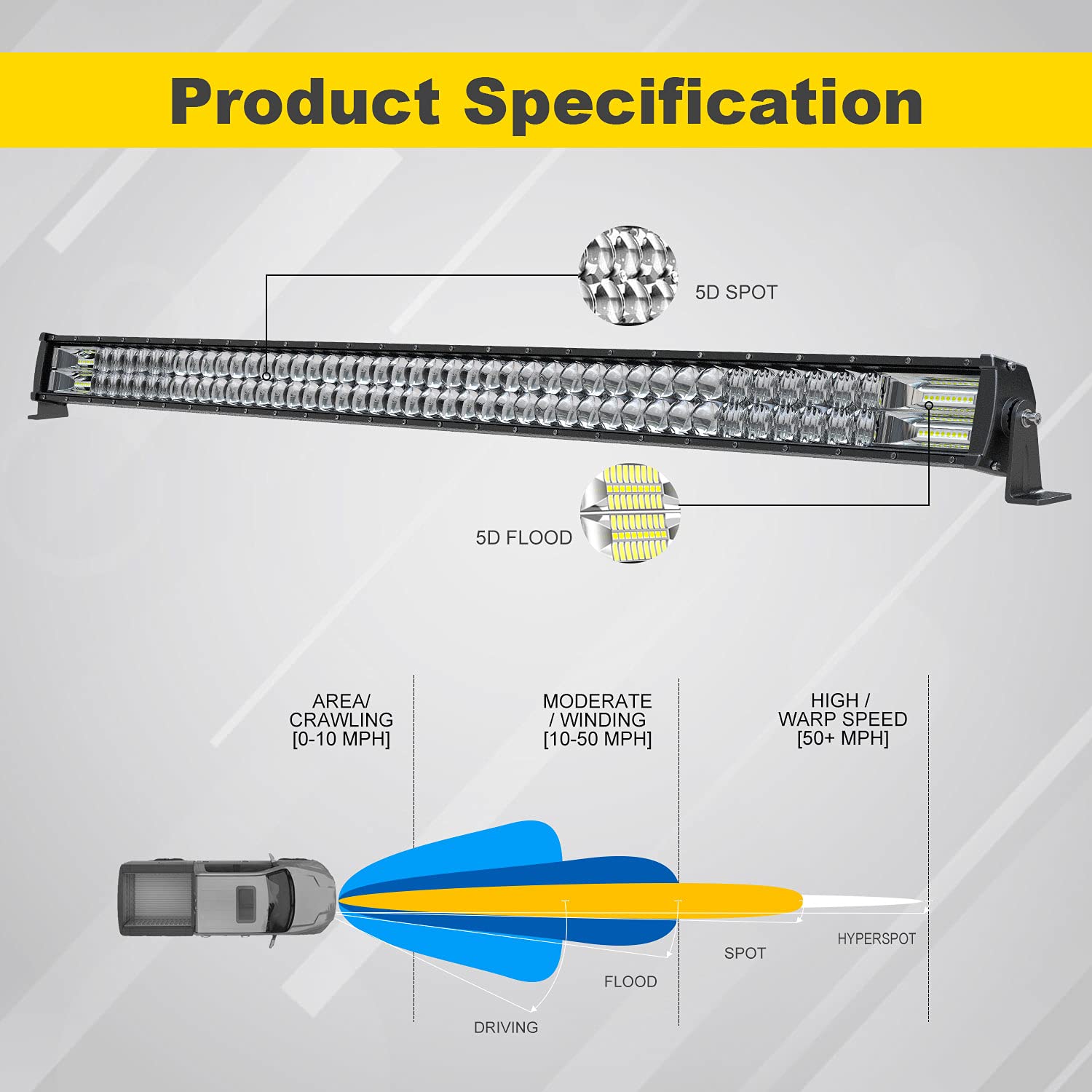 5D 52-Inch LED Light Bar with 4-Inch White/Amber LED Pods - Strobe Fog Light, Spot & Flood Combo for Off-Road - Universal Windshield Mount & Wiring Harness - Fits 1987-1995 Jeep Wrangler YJ - Perfect for Night Driving, Off-Roading & Emergency Vehicles