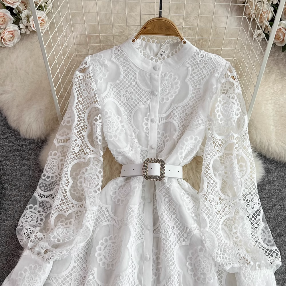 Elegant Long Sleeve Stand Collar Lace A-Line Dress for Women - Perfect for Weddings, Parties & Special Occasions