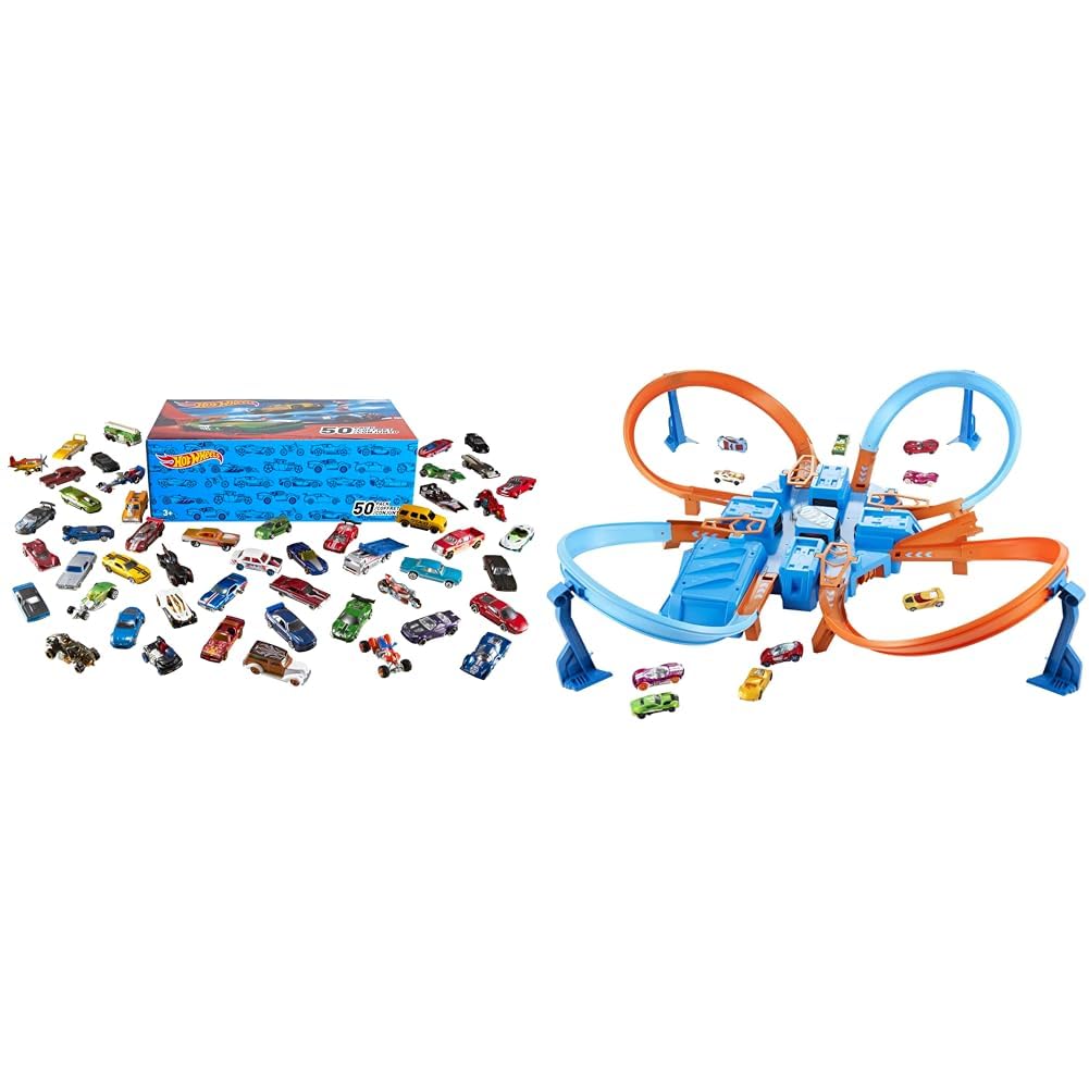 Hot Wheels 50-Piece Assorted Die-Cast Car Pack & Criss Cross Crash Track Set - Amazon Exclusive Toy Cars for Kids - Perfect for Racing, Collecting, and Birthday Gifts