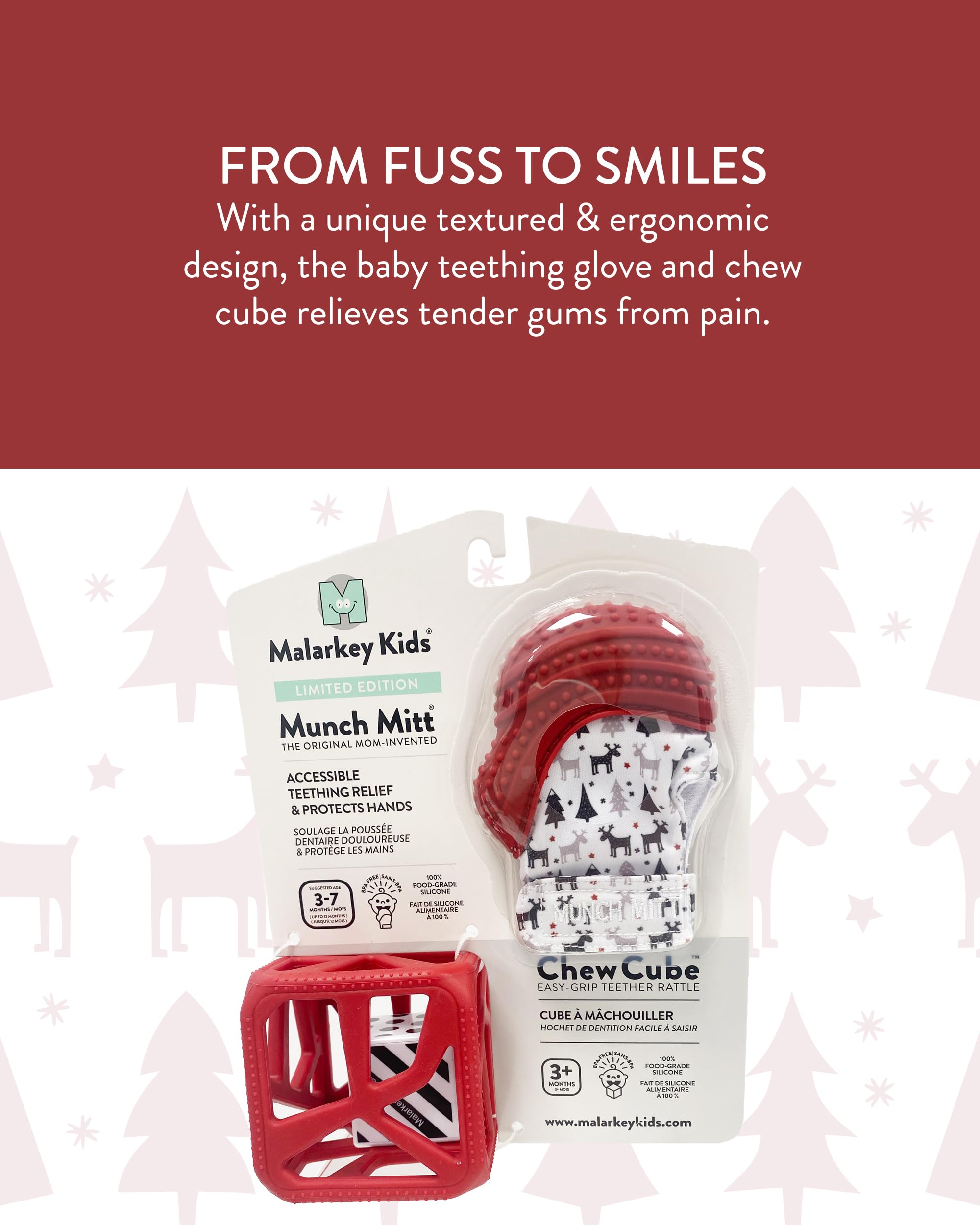 Malarkey Kids Teething Gift Set - Munch Mitt & Chew Cube Duo for Babies & Toddlers | BPA-Free Baby Teething Toys for Gum Relief & Sensory Stimulation | Perfect for Soothing Sore Gums & Early Childhood Development (Red)