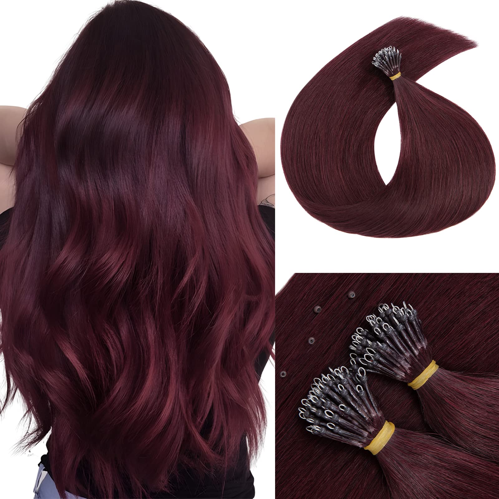 MY-LADY 22 Inch Nano Bead Hair Extensions - 50 Strands 50g Human Hair Invisible Nano Ring Extensions with Pre-Bonded Cold Fusion Natural Tips - #99J Wine Red - Perfect for Daily Wear, Parties & Special Occasions