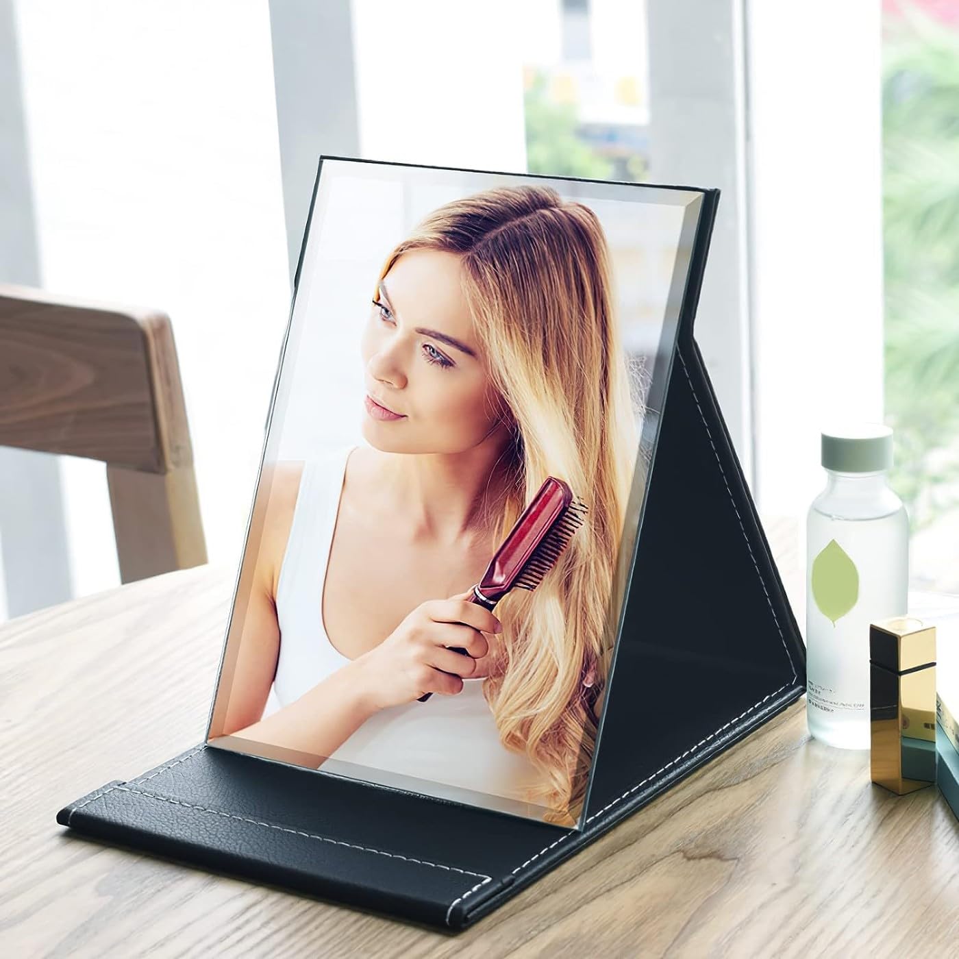 ONICORN Portable Folding Makeup Mirror with Stand - Adjustable Rotation Vanity Mirror for Table Desk, Bathroom & Travel - Perfect for Shower Shaving & Makeup Application (Black, Tabletop Mount, Unframed, Rectangular) - Ideal for Home, Salon & On-the-Go Beauty Routines