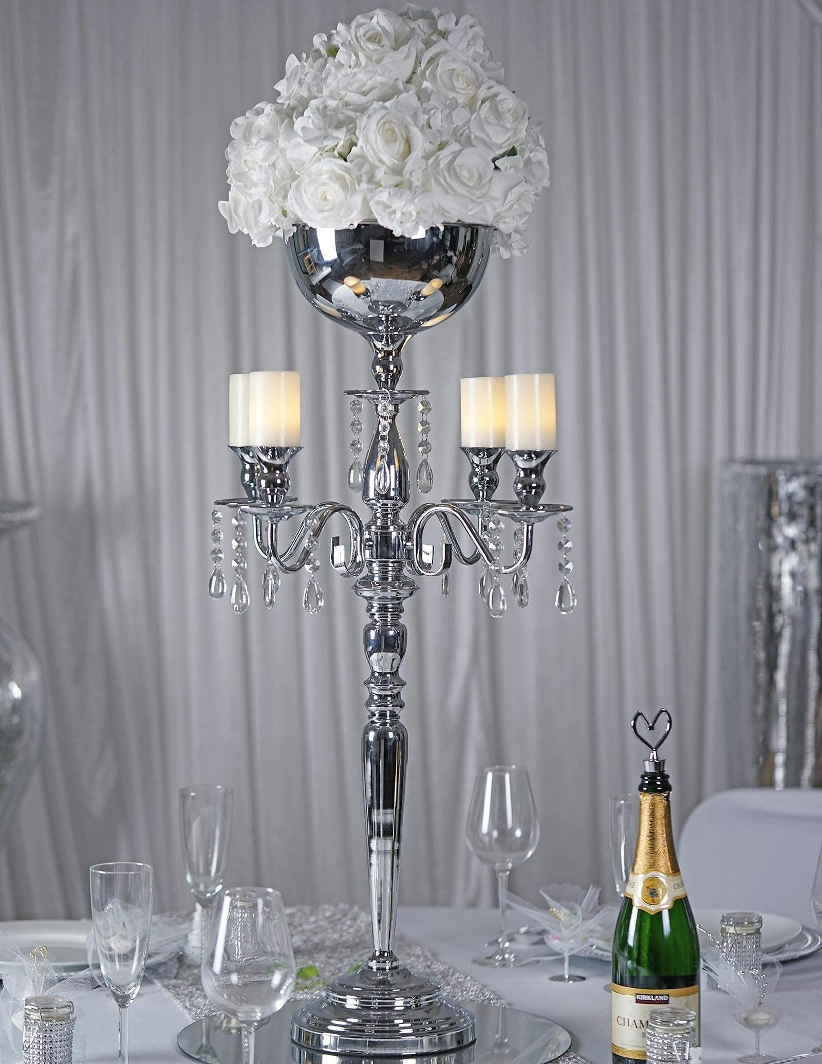 33 Inch Tall Silver Balsa Circle Metal Candelabra - Elegant Candle Holder Centerpiece for Wedding, Dining Table & Home Decor