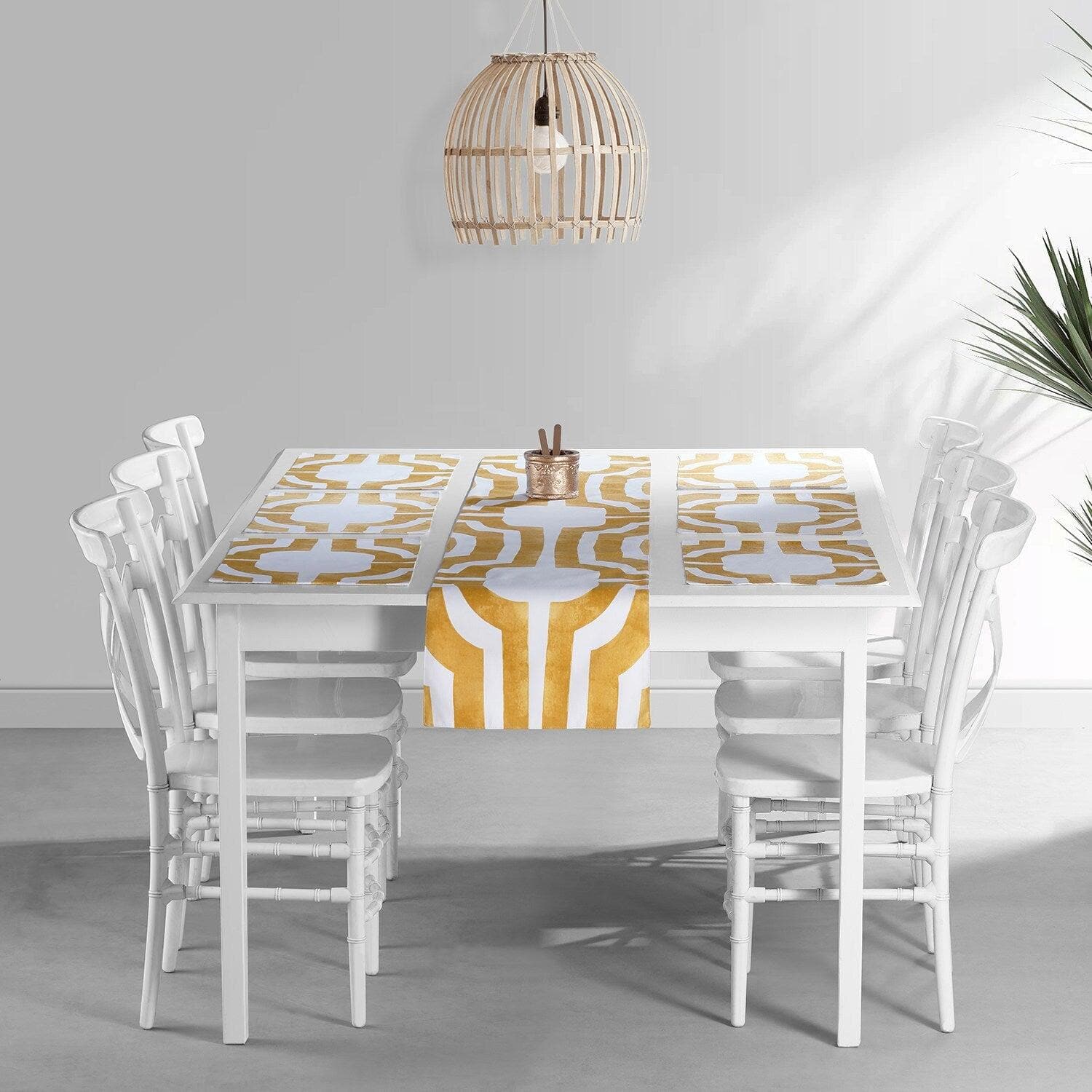 Mecca Gold Geometric Printed Cotton Table Runner & Placemats Set - Elegant Dining Decor for Thanksgiving, Christmas & Wedding Parties