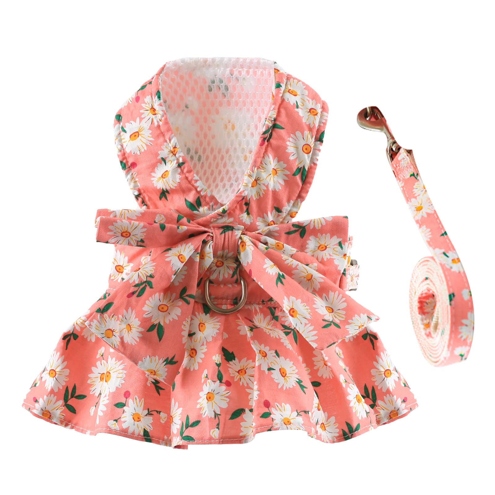 Cute Floral Dog Dress with Bowknot Harness & Leash Set for Small Dogs & Cats - Breathable Summer Puppy Princess Outfit (Pink, Small) | Perfect for Spring Walks, Pet Parties & Photo Shoots
