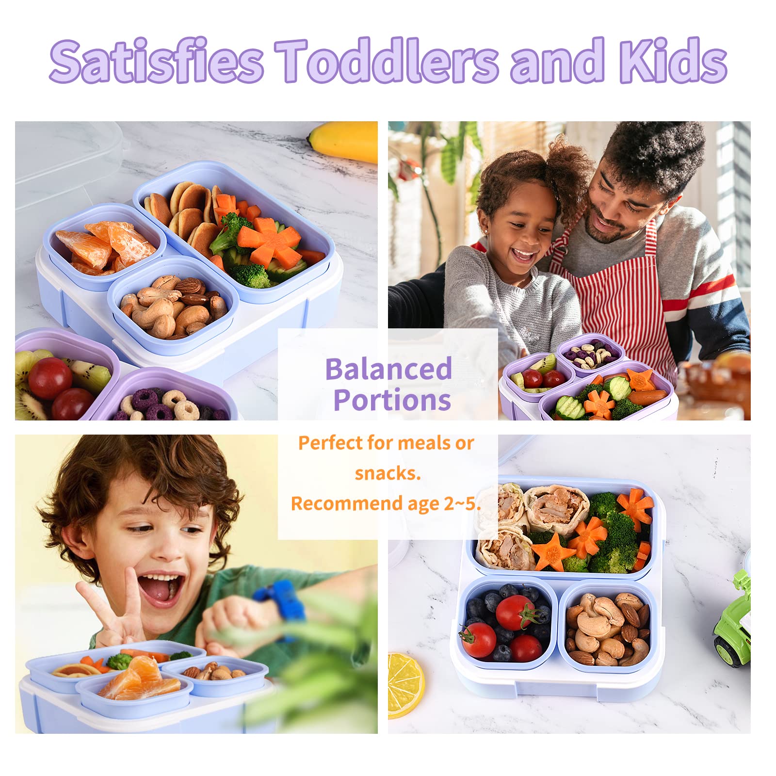 **Genteen 3-Compartment Leak-Proof Snack Containers for Kids - BPA-Free Lunch Box with Dividers, Portion Control for School & Travel (Purple + Blue) - Ideal for Snacks, Fruits, and Sandwiches**