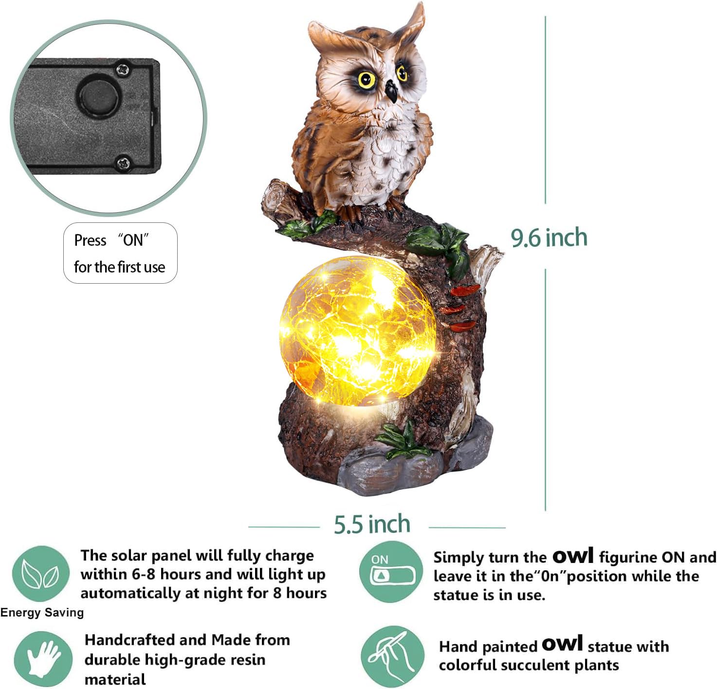 Solar Powered Owl Garden Statue with Glass Ball Light - Outdoor Lawn & Yard Decor, Unique Housewarming Gift for Women & Mothers - Perfect for Patio, Garden Pathways, and Front Porch Decorations
