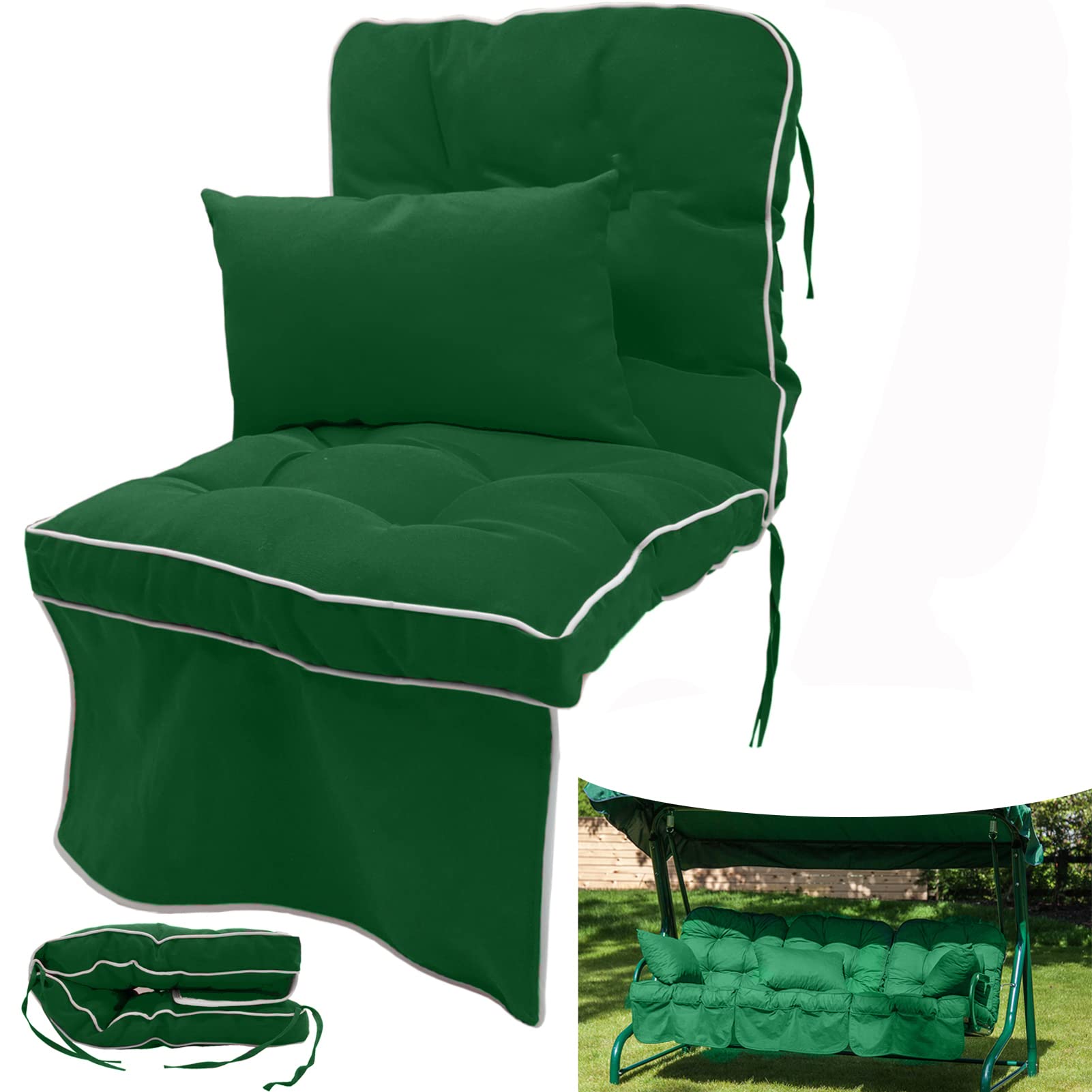 Waterproof High Back Outdoor Chair Replacement Cushions with Pillow & Non-Slip Ties - 3 Pack Dark Green Patio Swing & Rocking Chair Seat Cushions for Garden, Deck & Indoor Use