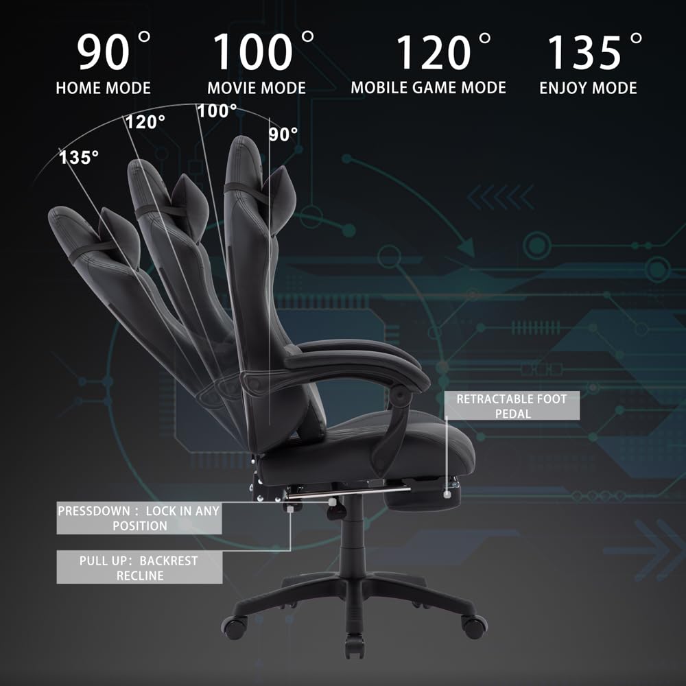 OHAHO Ergonomic Gaming Chair with Adjustable Lumbar Support & Footrest - 360° Swivel Height-Adjustable Office Computer Chair with Headrest for PC Gamers & Home Office (Black) - Perfect for Long Gaming Sessions & Remote Work Comfort