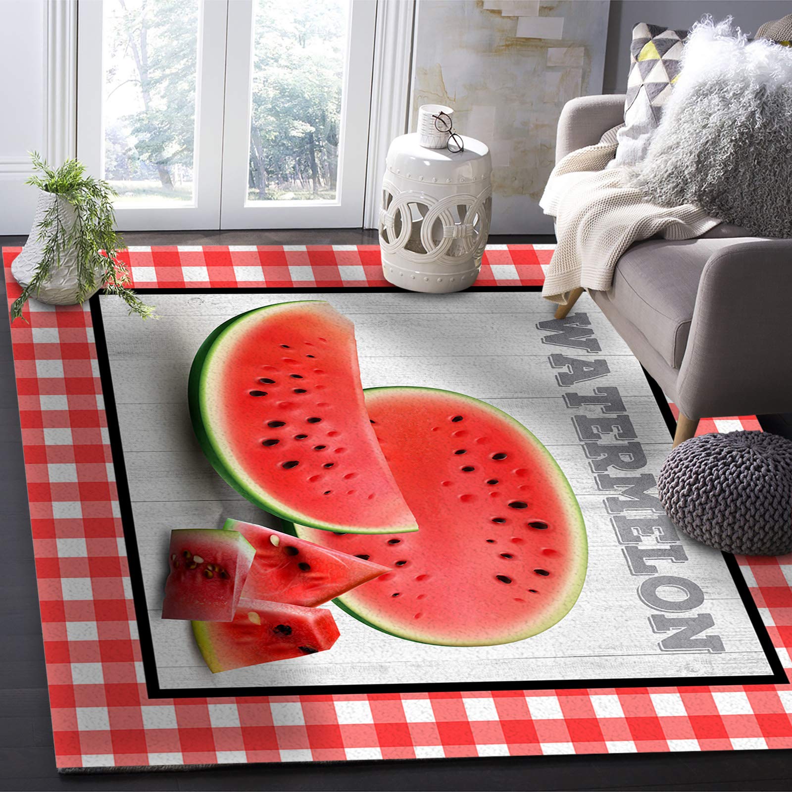 Large Non-Slip Area Rug 2'7x5' - Watermelon Pattern Summer Bedroom Carpet, Buffalo Plaid Kitchen Runner, Red and White Floor Mat for Living Room, Dorm, Nursery & Home Decor