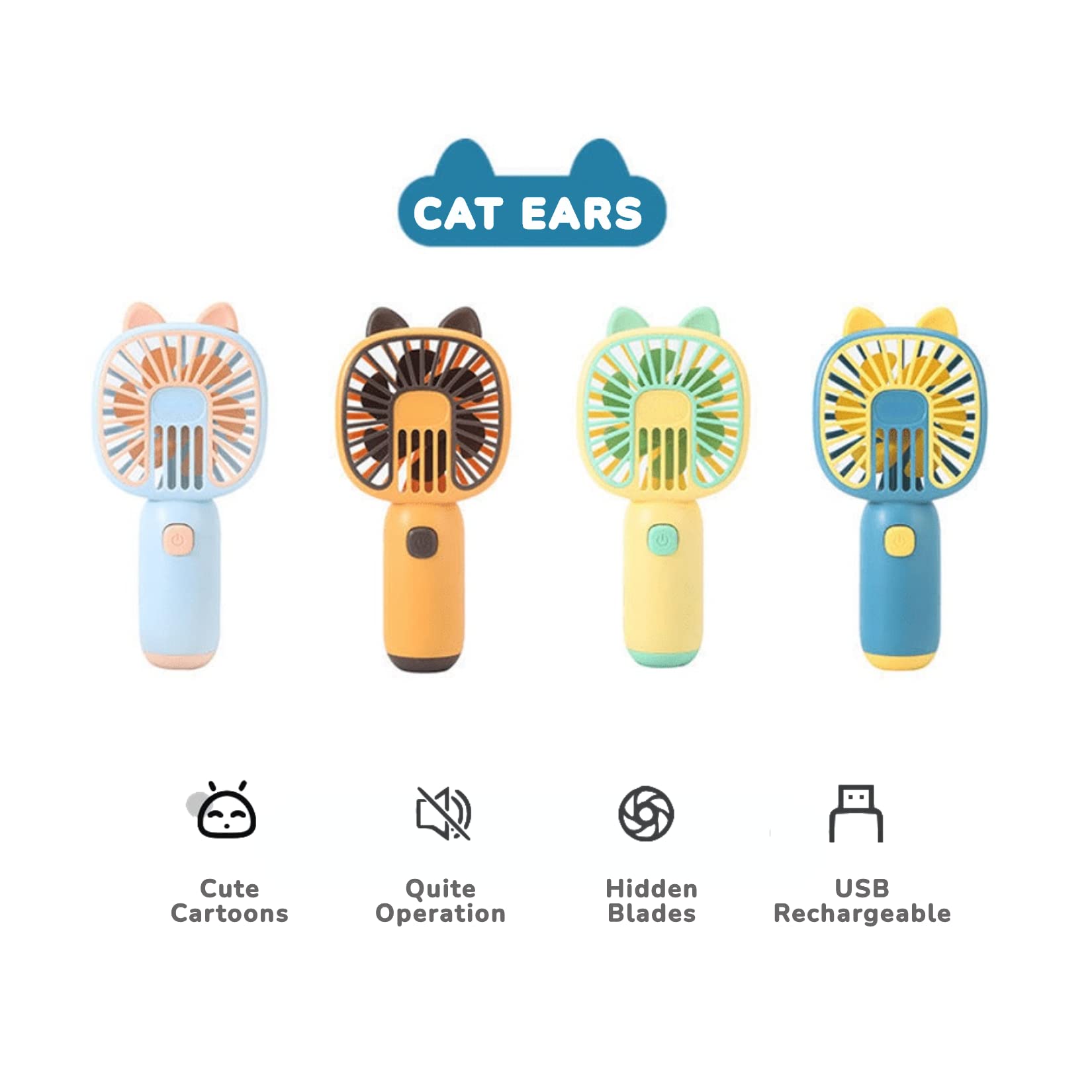 Cute Mini Handheld Personal Fan - USB Rechargeable Portable Fan for Summer Cooling - Battery Operated Pocket Fan for Kids, Teens, School, Office & Outdoor Travel - Perfect for Hot Weather, Beach, Camping & Daily Use (Cat Ear Design, Blue)