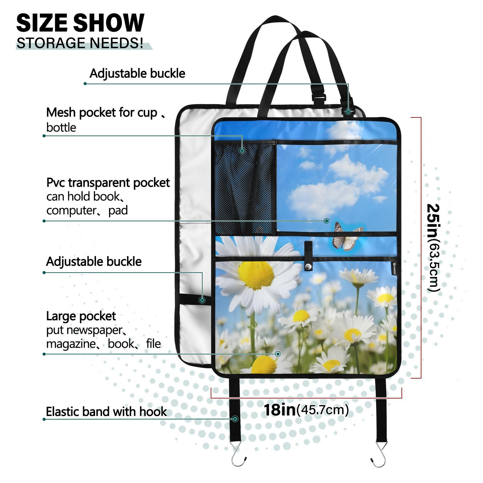 Daisy Sky Butterfly Car Seat Protector with Storage Pockets - Back Seat Organizer & Kick Mats for Vehicles - Perfect for Family Road Trips & Child Safety