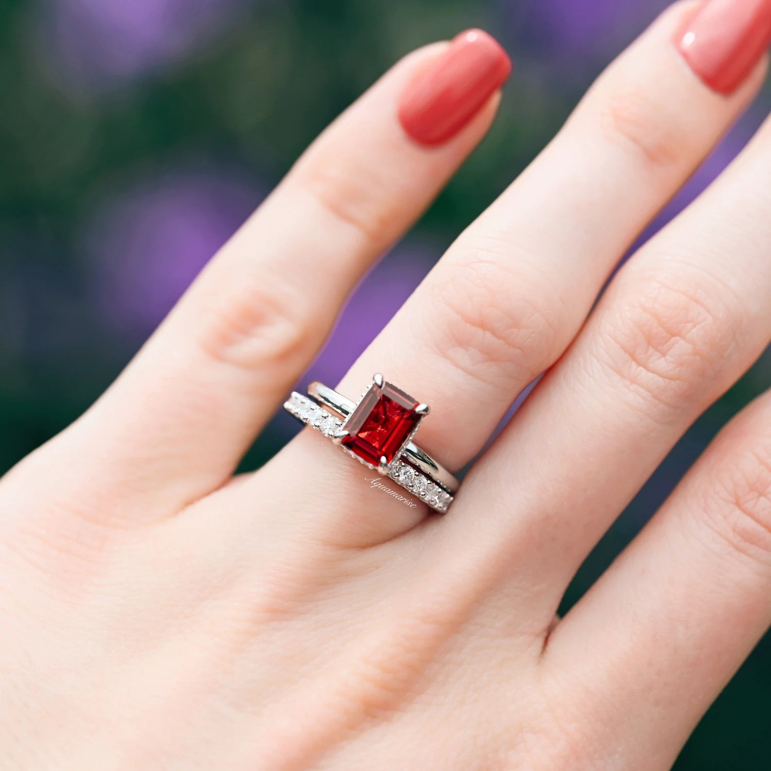 Raspberry Tourmaline Ring Set - Red Gemstone Bridal & Engagement Rings for Women | Wedding, Anniversary, Proposal & Special Occasion Jewelry Gift
