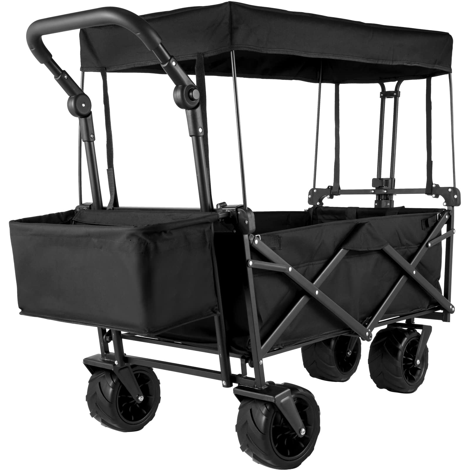 VEVOR Collapsible Wagon with Canopy - 220lbs Capacity Foldable Utility Cart with Large Wheels & Adjustable Handles - Perfect for Beach, Camping, Picnics & Outdoor Adventures