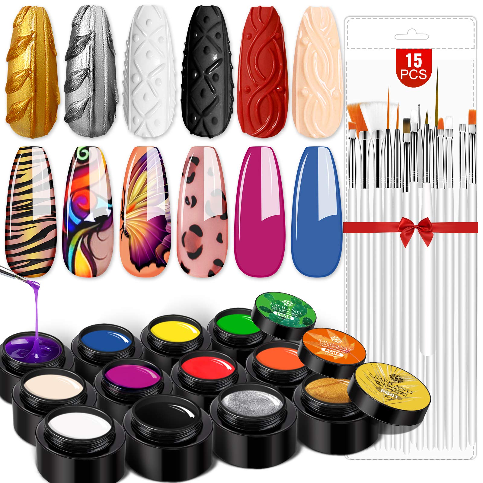 SAVILAND 12 Colors Gel Nail Polish Kit with 15 pcs Nail Art Brushes - Soak Off UV LED Gel Polish Set for Professional Salon & DIY Nail Art at Home - Perfect for Manicures, Pedicures & Nail Design Parties