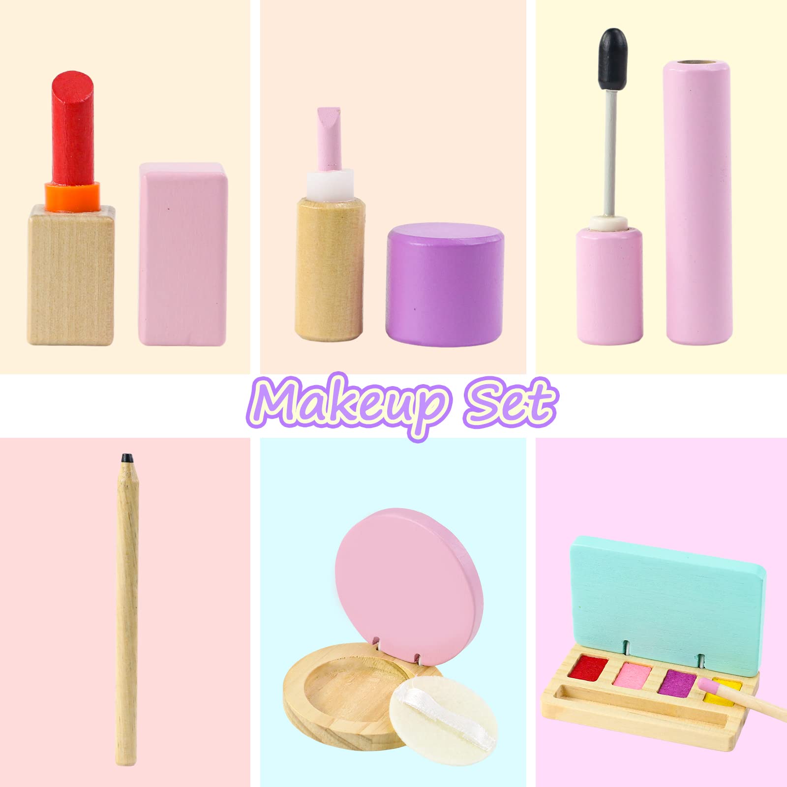 Jerryvon Kids Makeup Toy Set - 16 Piece Wooden Cosmetic Beauty Playset for Girls & Boys Ages 3-5, Pretend Play Role Play Gift for Easter, Birthday & Dress Up Parties