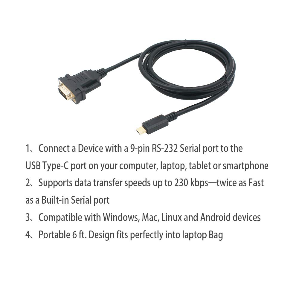USB to DB9 RS232 Serial Adapter Cable with FT232RL Chip - 6ft High-Speed Data Transfer for Win10/8/7/XP/Android/Mac/Linux/Vista - Perfect for Industrial Equipment, POS Systems, and Legacy Device Connectivity (Type C to DB9)