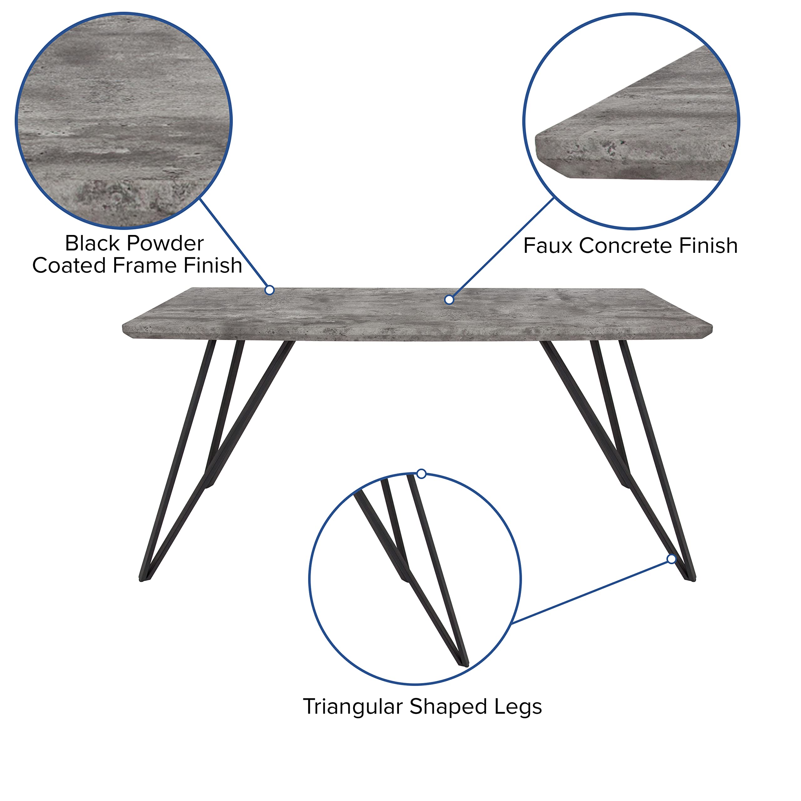 Merrick Lane Maya Contemporary Rectangular Dining Table - Faux Concrete Finish with Black Hairpin Metal Legs - 31.5