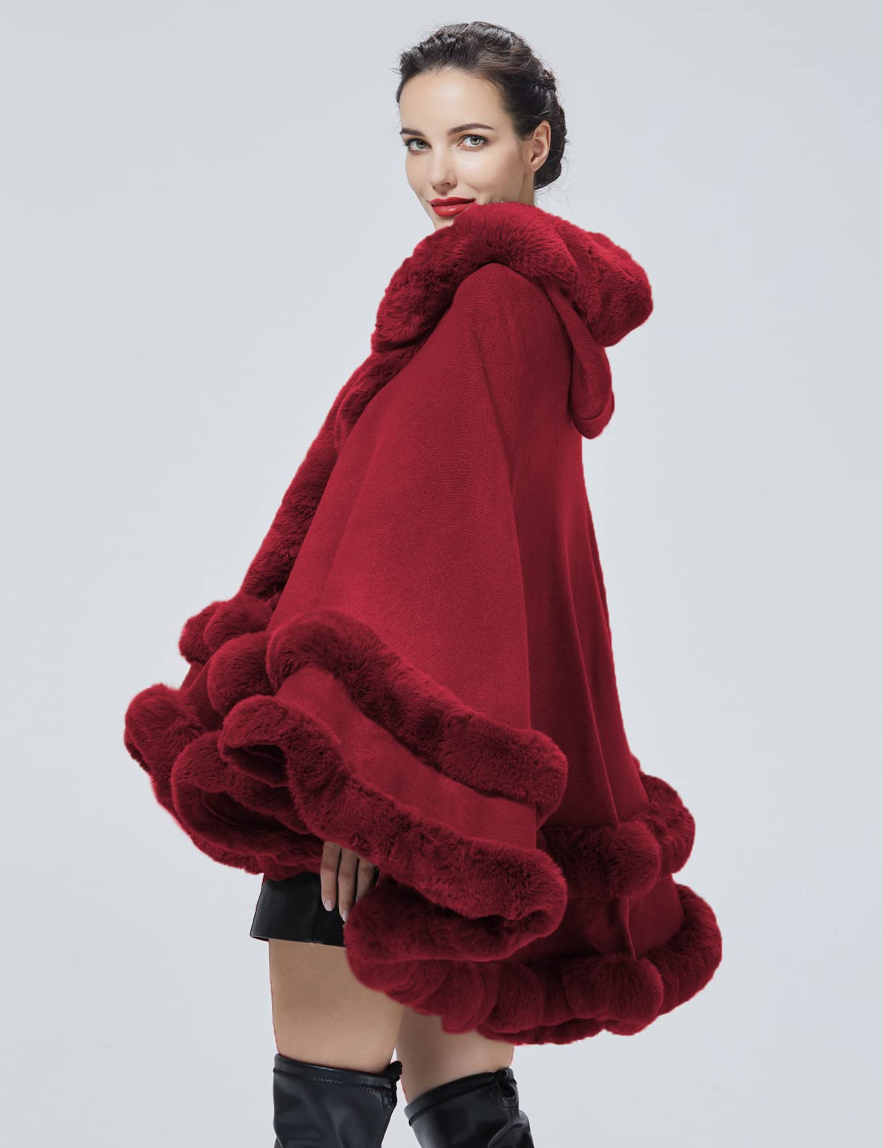 Women's Hooded Poncho Cape - Faux Fur Shawl Wrap with Fur Trim, Sleeveless Cardigan Cloak for Dressy Fashion Tops & Winter Coats | Perfect for Parties, Weddings & Cold Weather Layering