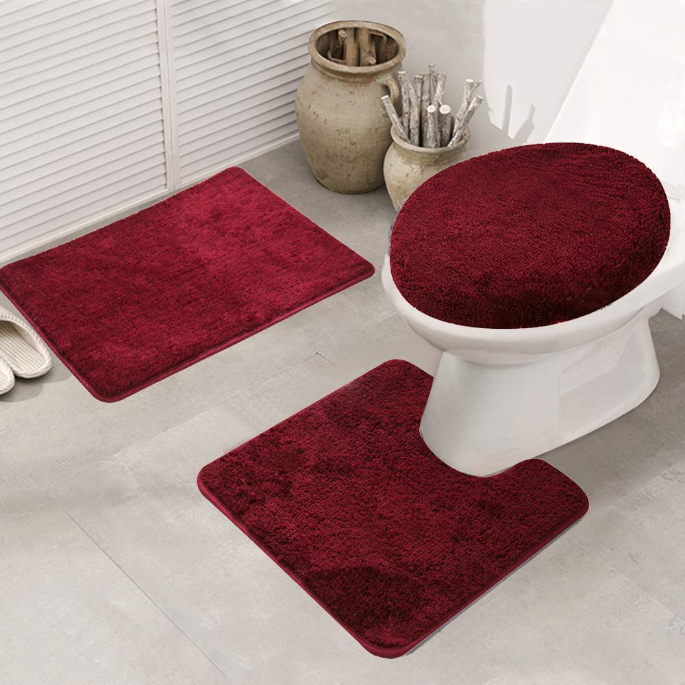 MIFXIN 3-Piece Bath Rug Set - Anti-Slip Absorbent Soft Bathroom Mats with U-Shaped Toilet Mat, Shower Floor Mat & Toilet Lid Cover (Red) - Perfect for Bathroom Safety and Comfort, Ideal for Home, Apartment, and Hotel Use