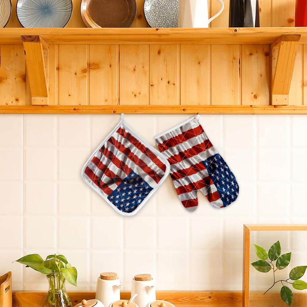 USA Flag Oven Mitt & Pot Holder Set - Heat Resistant, Non-Slip Kitchen Mittens for Cooking, Baking, Grilling & BBQ - Perfect for 4th of July, Memorial Day & Patriotic Home Decor