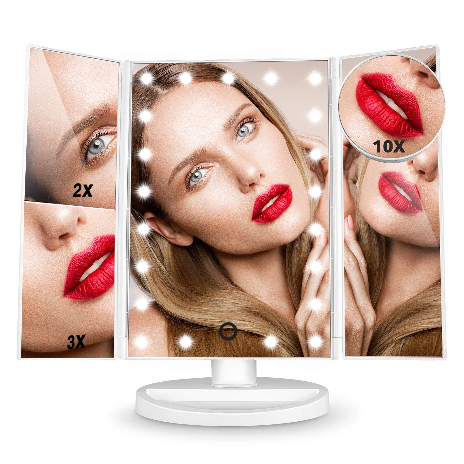 Professional LED Vanity Mirror with Lights - 1X/2X/3X/10X Magnification, Touch Control & Dual Power Supply - Portable Makeup Mirror for Women - Perfect for Home, Travel & Salon Use (White)