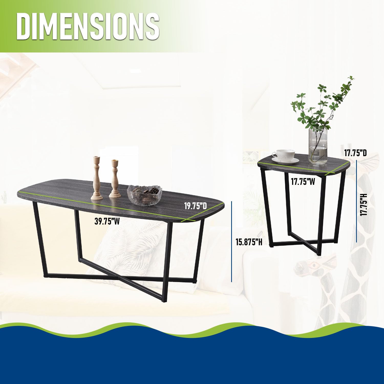 Kings Brand Furniture - 3-Piece Modern Occasional Table Set with Coffee Table & 2 Side Tables - Black & Brown Living Room Furniture for Small Spaces & Home Decor