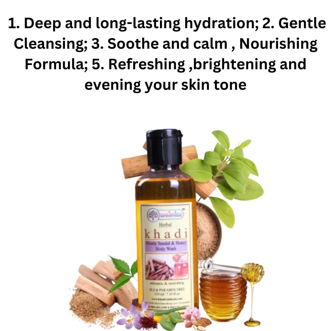 Khadi Rishikesh Herbal Sandalwood Honey Body Wash - Skin Brightening & Acne Treatment for Men & Women (210ml) | Refreshing Body & Mind, Tan Removal | Perfect for Daily Shower & Spa Relaxation