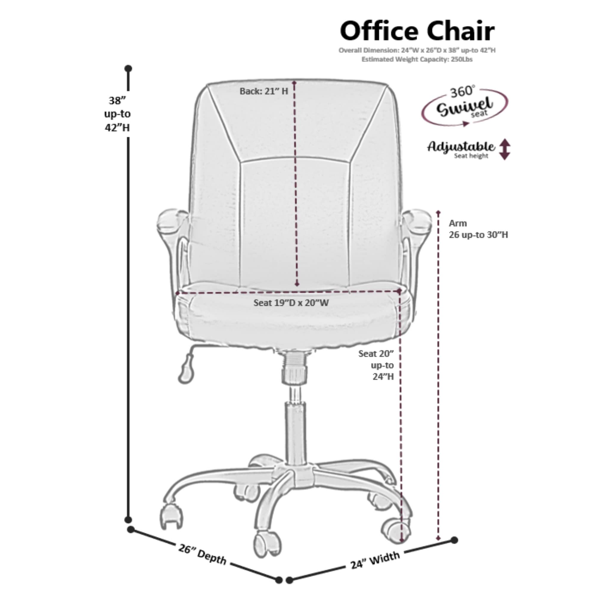 Poundex Lux Office Chair - Ergonomic Executive Desk Chair with Adjustable Height & Lumbar Support, Brown - Perfect for Home Office, Gaming & Workspace