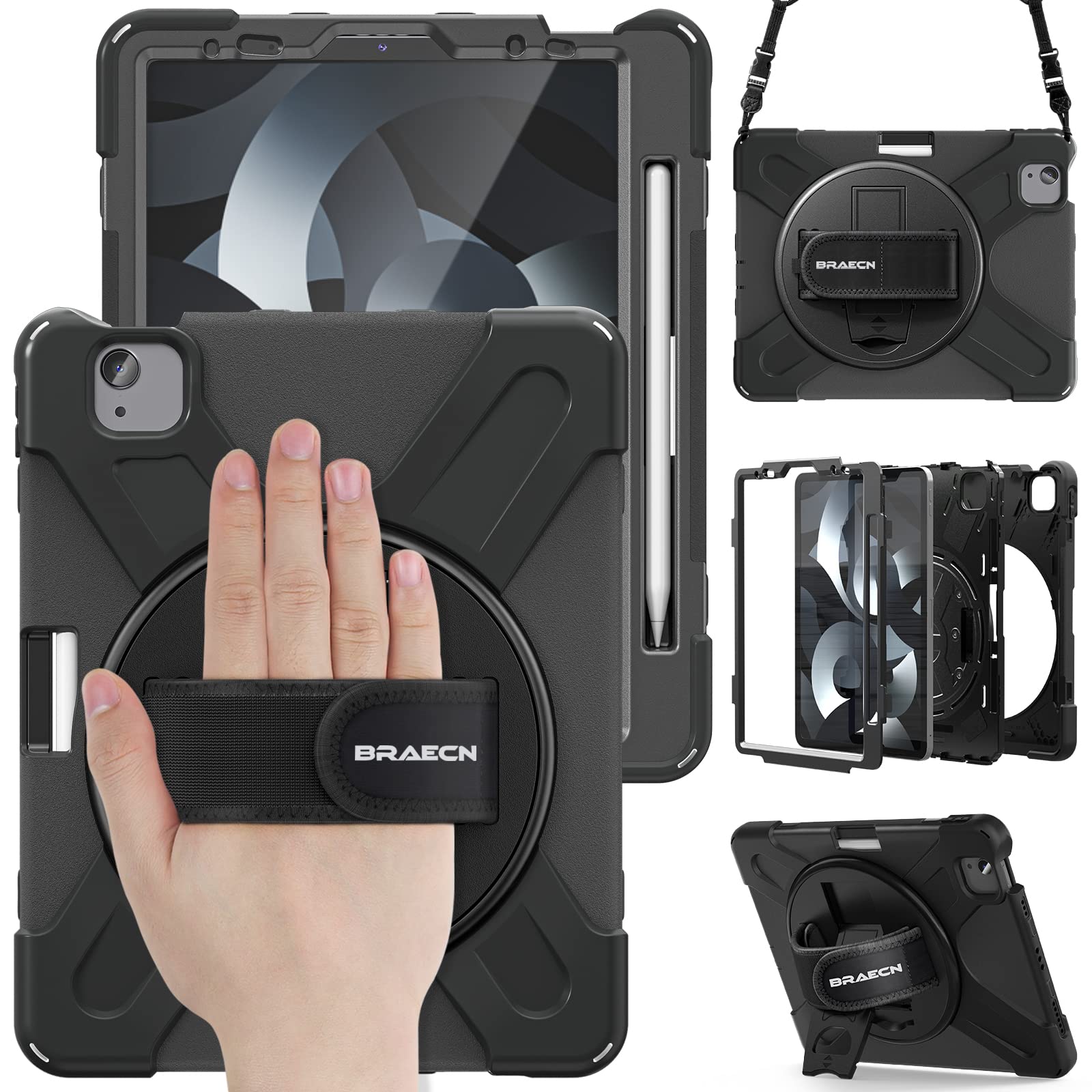 BRAECN Shockproof iPad Air 5th/4th Generation Case (2022/2020) & iPad Pro 11 Inch Case - Durable Silicone Cover with Pencil Holder, 360° Rotating Hand Strap & Adjustable Kickstand - Perfect for Work, Travel & School Use - Black