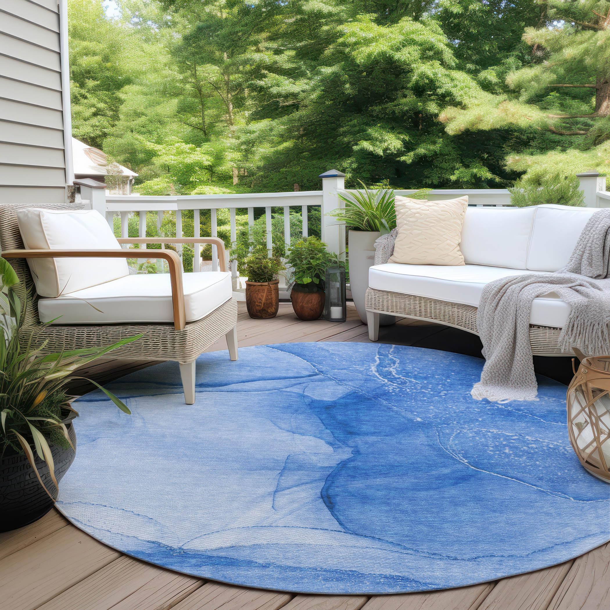 Addison Rugs Chantille ACN507 Blue 8' x 8' Round Indoor/Outdoor Area Rug - Stain Resistant, Machine Washable, Non-Shedding - Perfect for Bedroom, Living Room, Dining Room & Kitchen - Great for Patio, Deck or Sunroom Decor