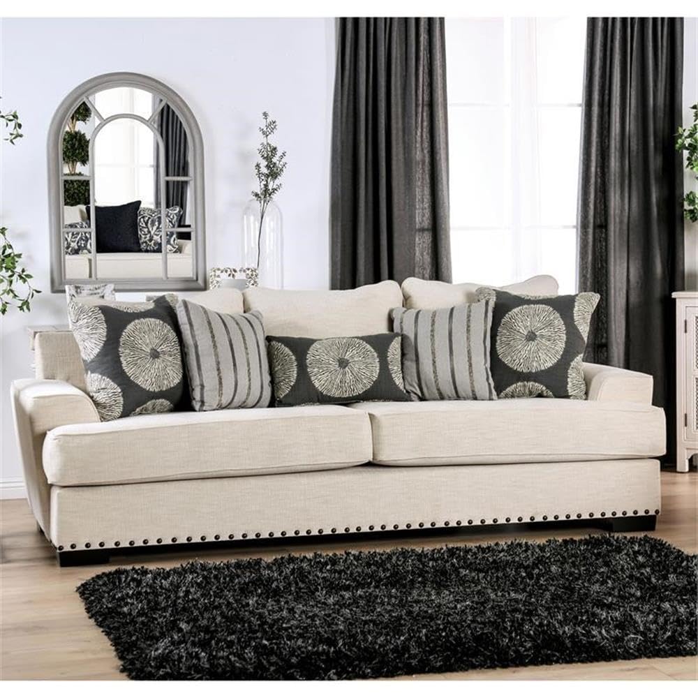 Furniture of America Mystie Chenille Loveseat with Nailhead Trim in Ivory - Comfortable Small Sofa for Living Room, Apartment & Cozy Spaces
