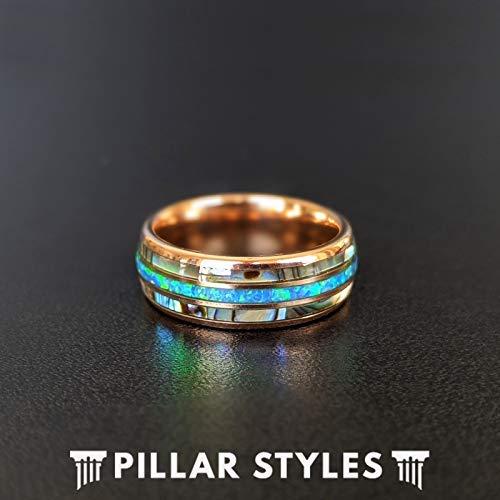 Rose Gold Tungsten Wedding Bands for Men - Abalone Shell & Blue Opal Inlay Ring, Comfort Fit Anniversary Gift for Him - Perfect for Tropical Weddings, Beach Proposals & Romantic Occasions