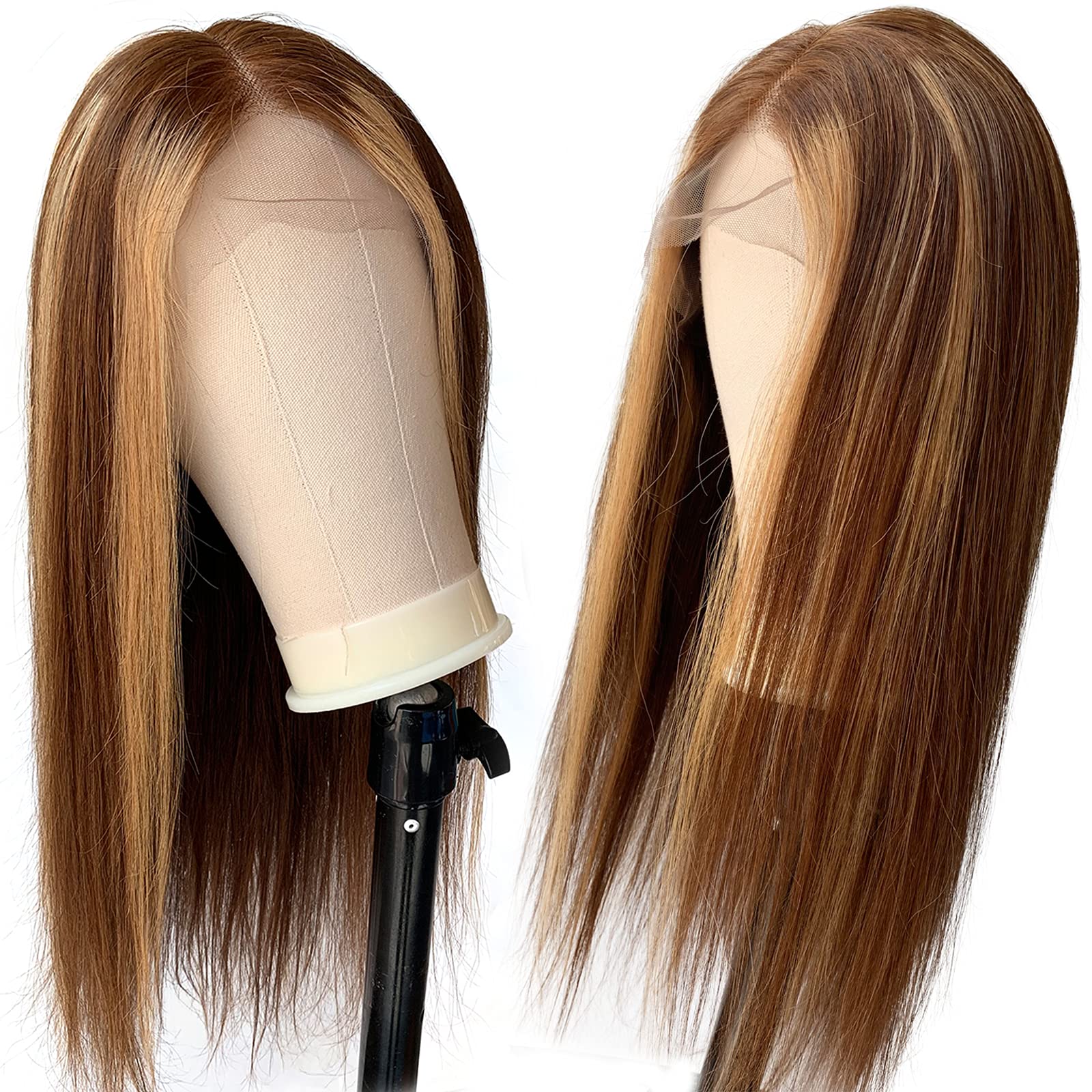 18 Inch Glueless Lace Front Wig Human Hair Straight Blonde Highlights with Brown Mixed Color 150% Density for Women | Natural Look for Daily Wear, Parties & Cosplay