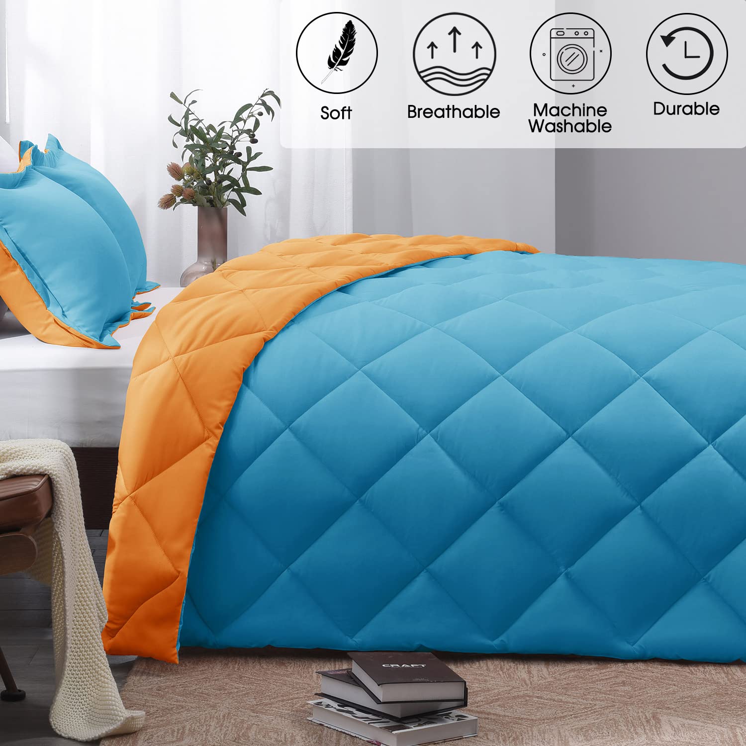 Basic Beyond Queen Comforter Set - Reversible Peacock Blue & Orange All-Season Bedding | 88