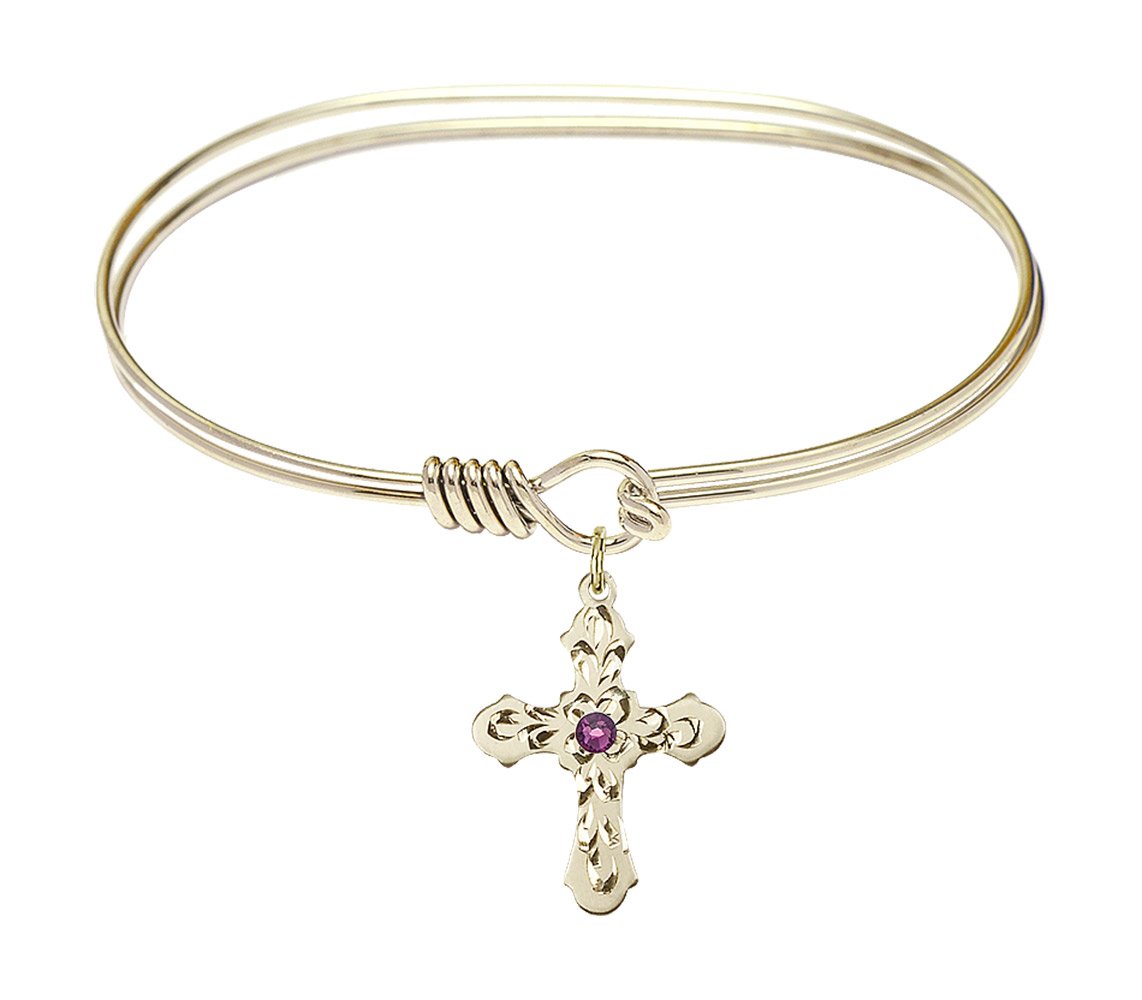 7 Inch Oval Eye Hook Bangle Bracelet with Cross Charm & February Birthstone Purple Crystal - Elegant Jewelry for Women, Perfect Gift for Valentine's Day, Anniversary or Birthday