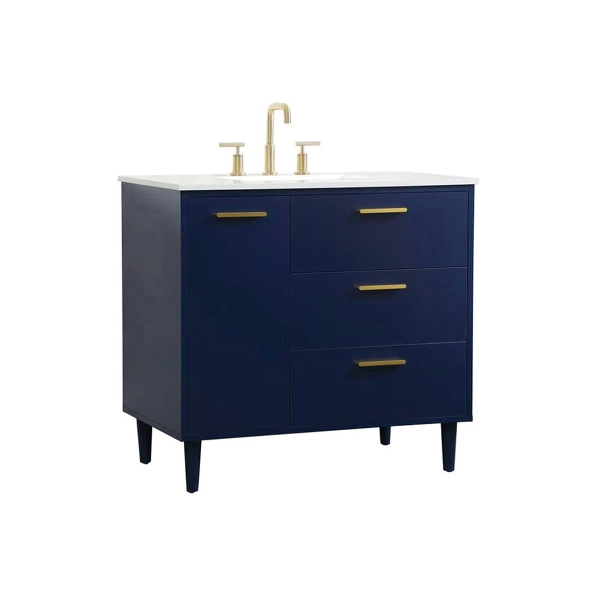 VF47036MBL 36 x 22 Inch White Floor Mount Vanity Top with Faucet Hole & Blue 3-Drawer Vanity Base - Perfect for Bathroom Remodeling and Small Space Solutions